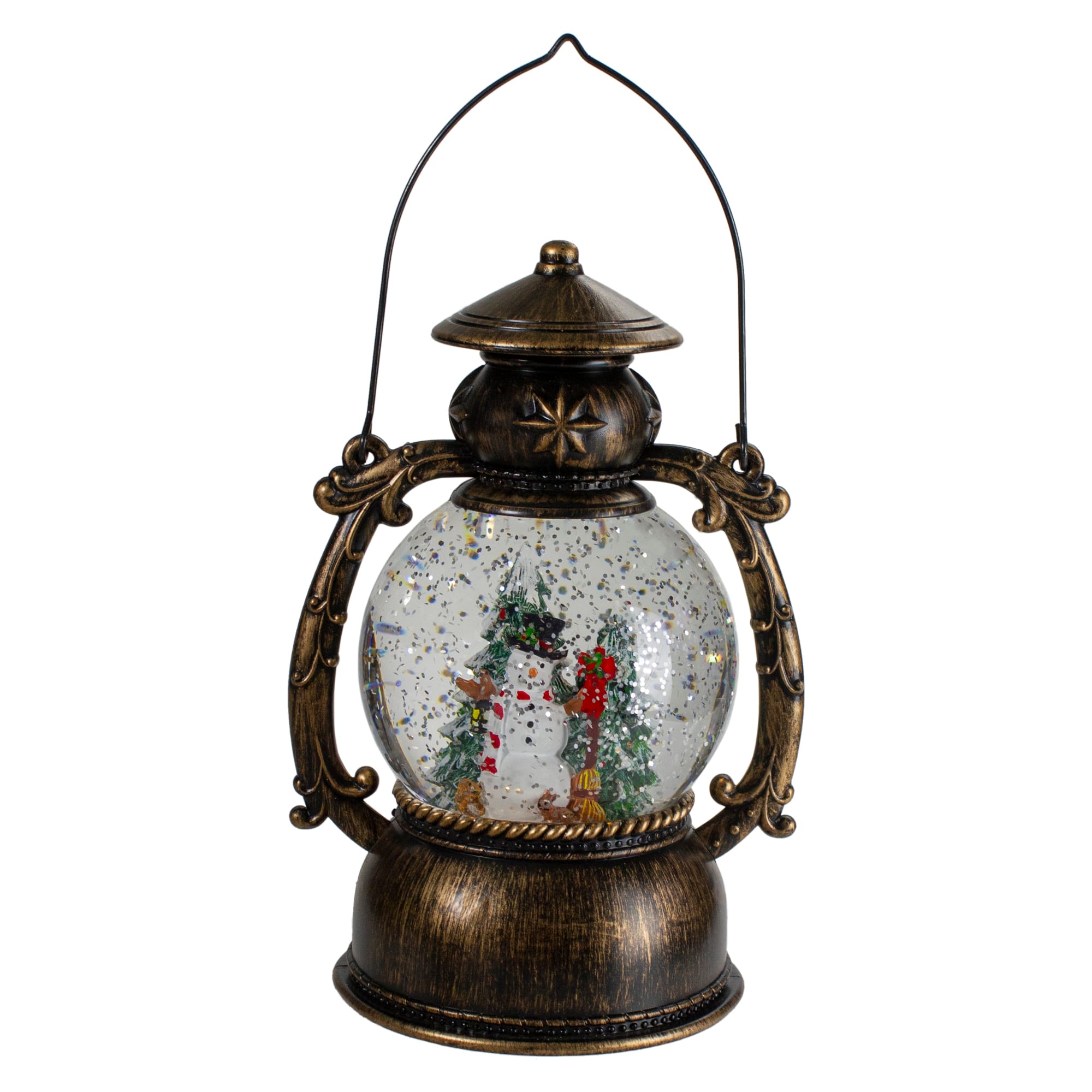 8" Black with Brushed Gold LED Snowman & Christmas Trees Snow Globe Lantern