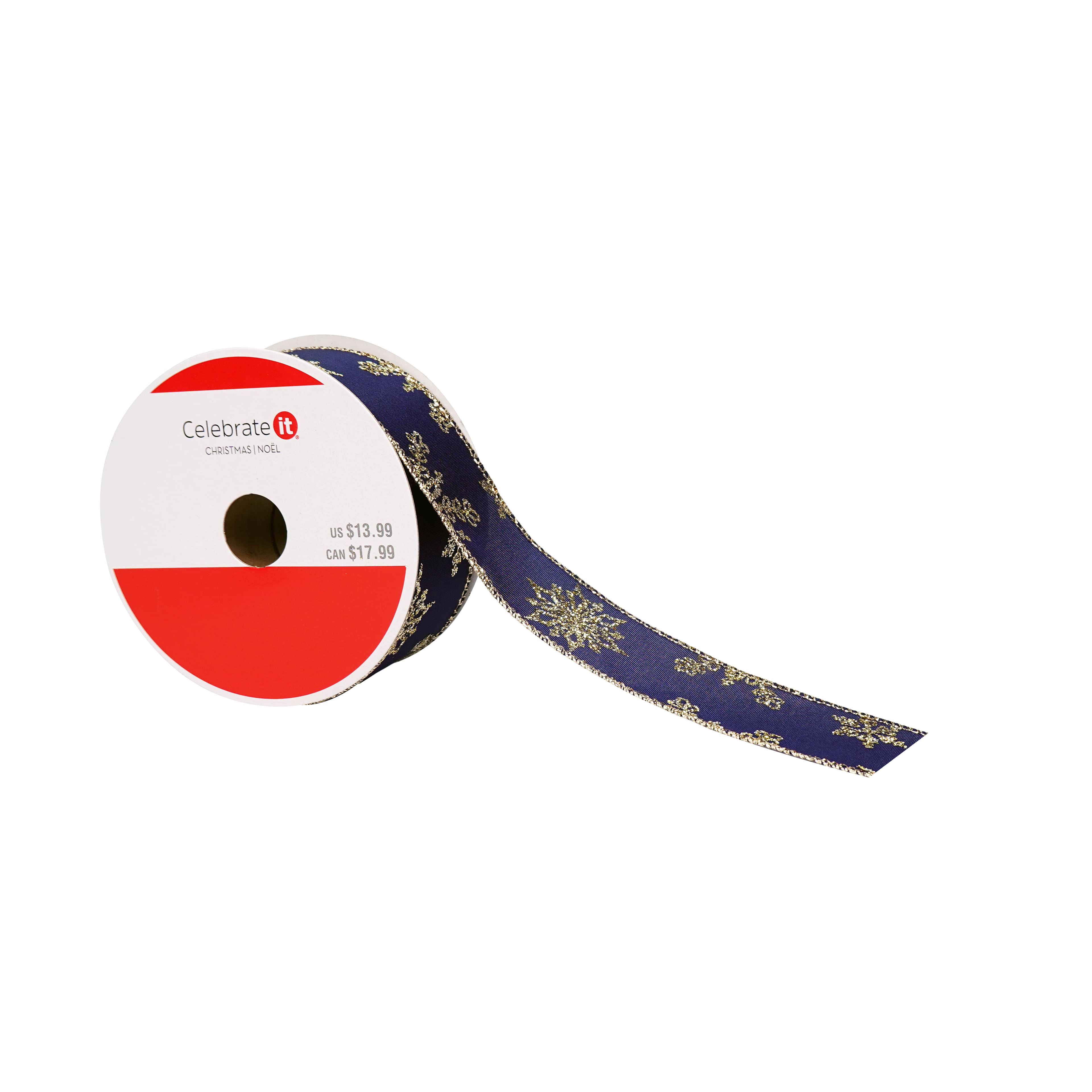1.5" x 10yd. Navy & Gold Glitter Snowflake Wired Ribbon by Celebrate It®