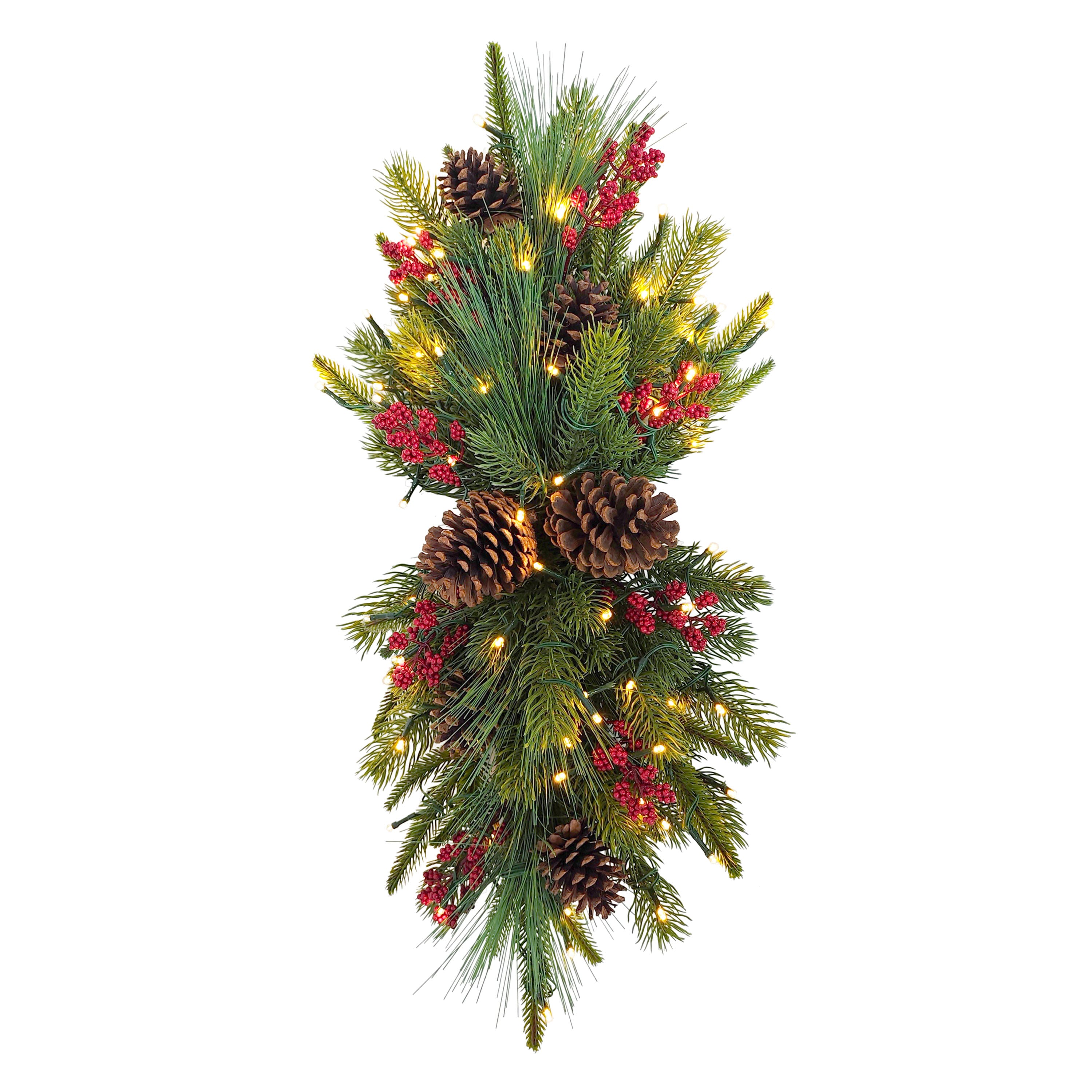 28" Pre-Lit Green Adorned Artificial Banister Swag with Pinecones & Berries