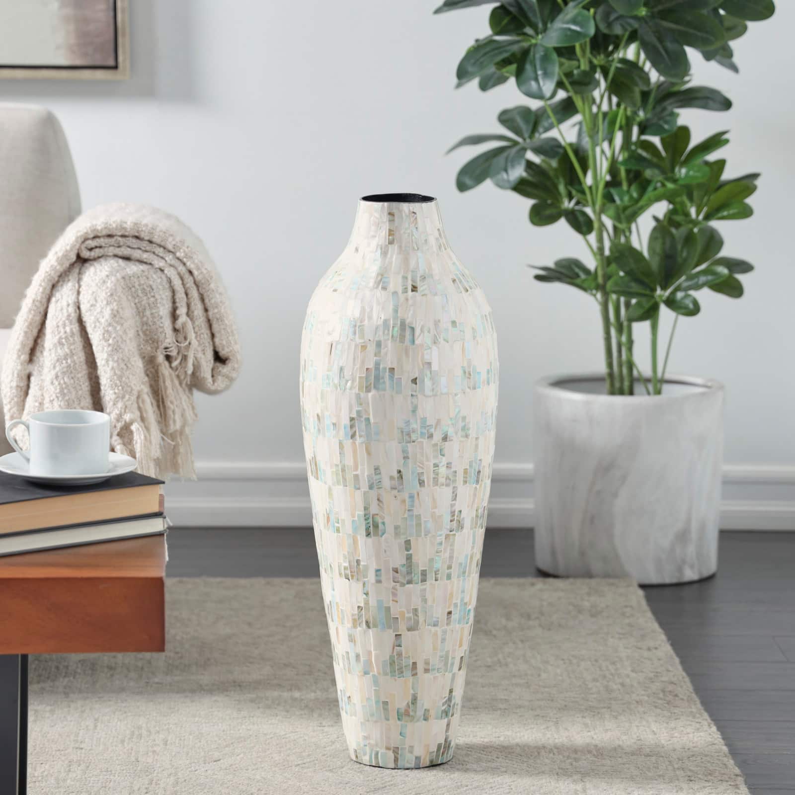 28" White Mother of Pearl Handmade Mosaic Inspired Vase with Pastel Blue & Pink Accents