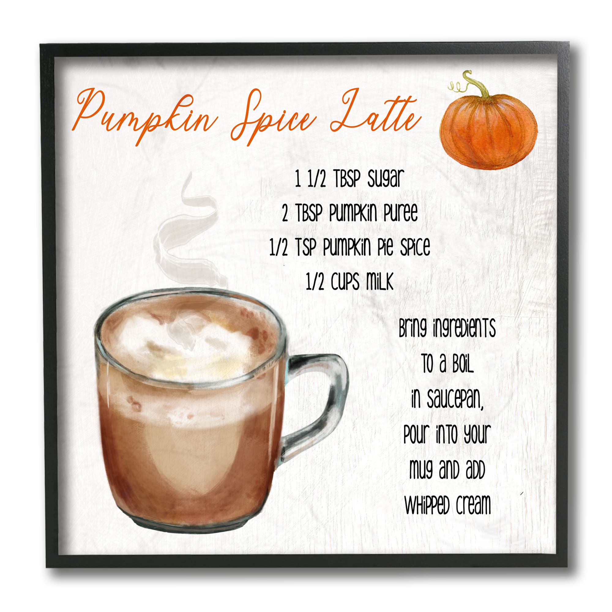 Stupell Industries Pumpkin Spice Latte Farmhouse Coffee Recipe Black Framed Wall Art