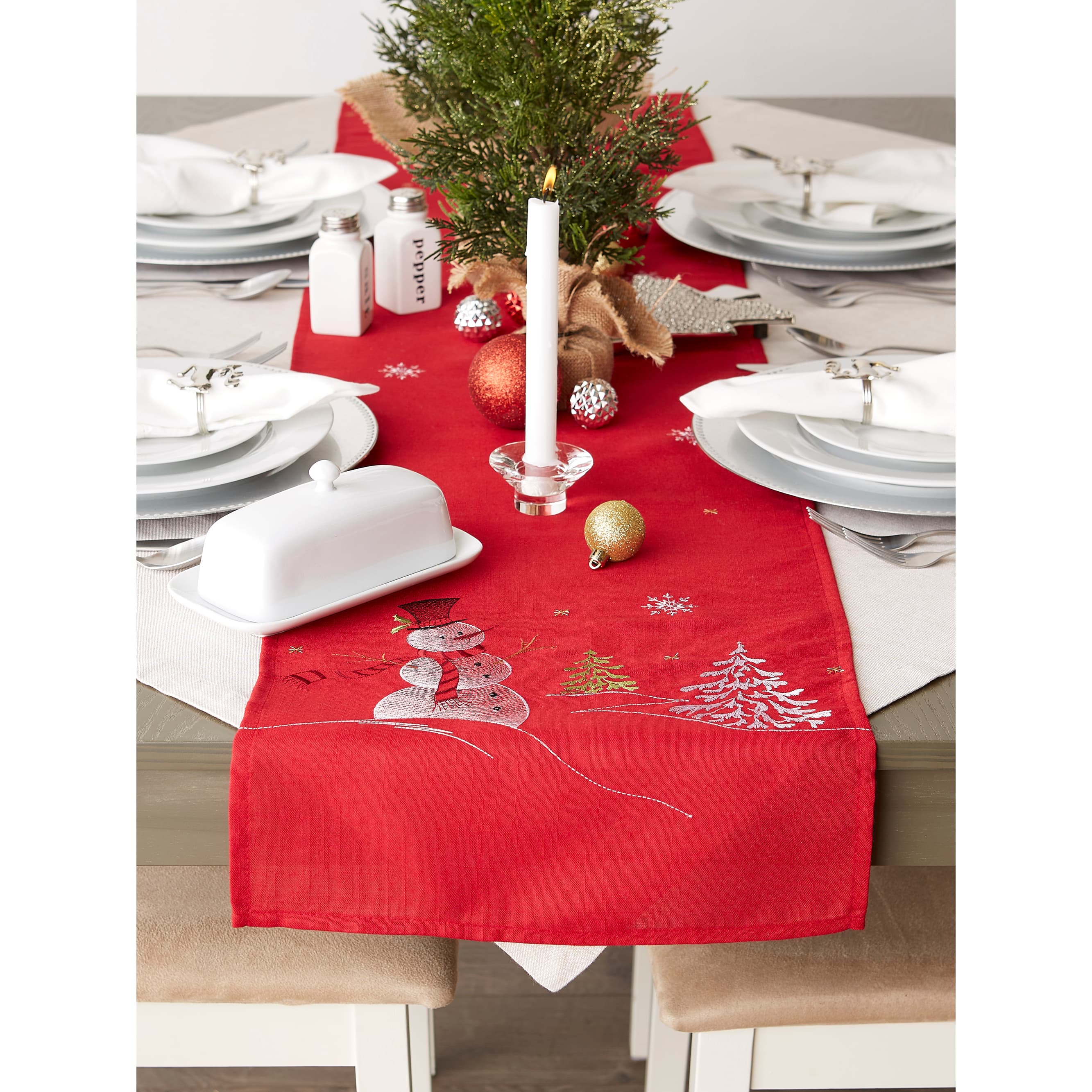 DII® 70" Red Embroidered Snowman Table Runner