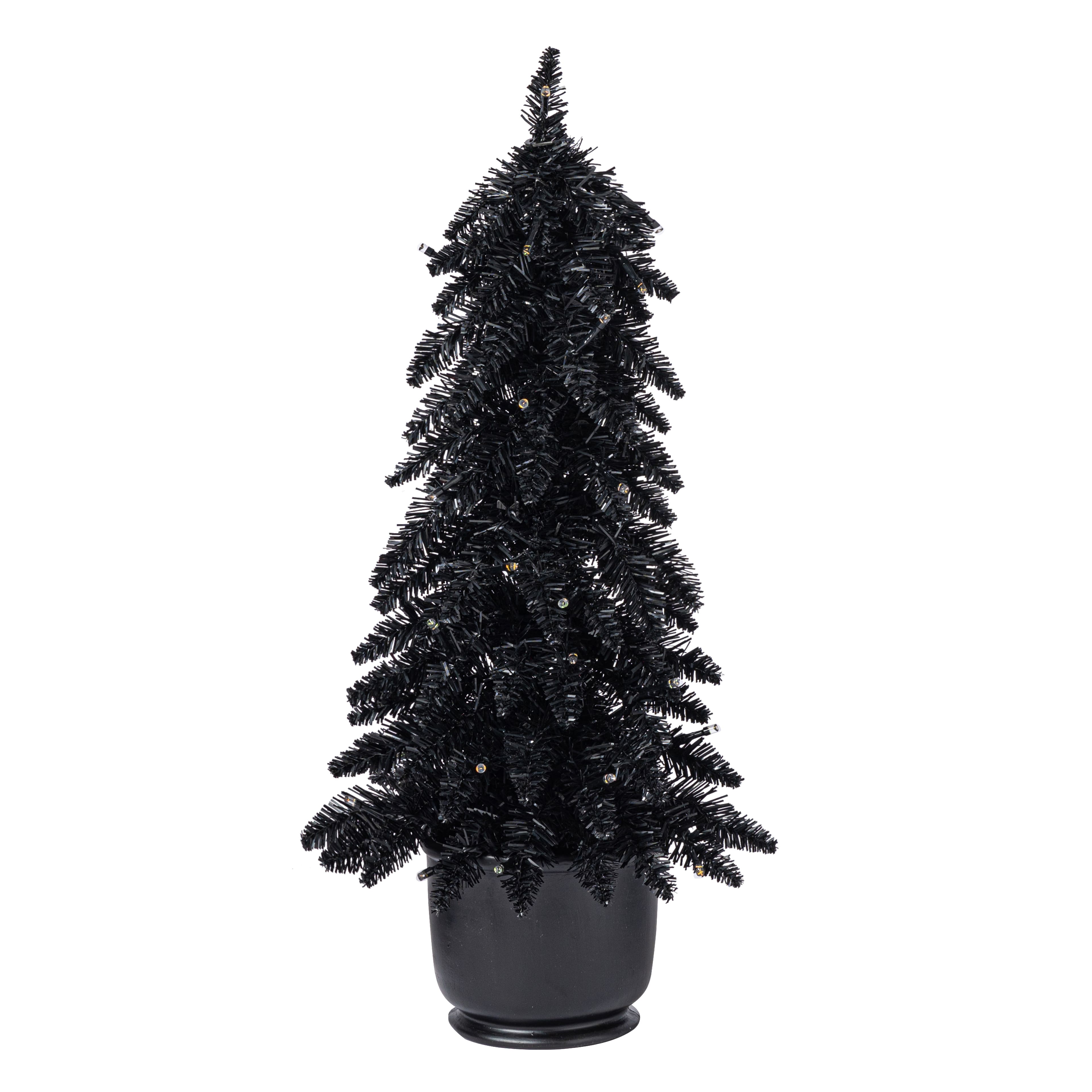 Pre-Lit Black Potted Tinsel Tree, Color Changing LED Lights by