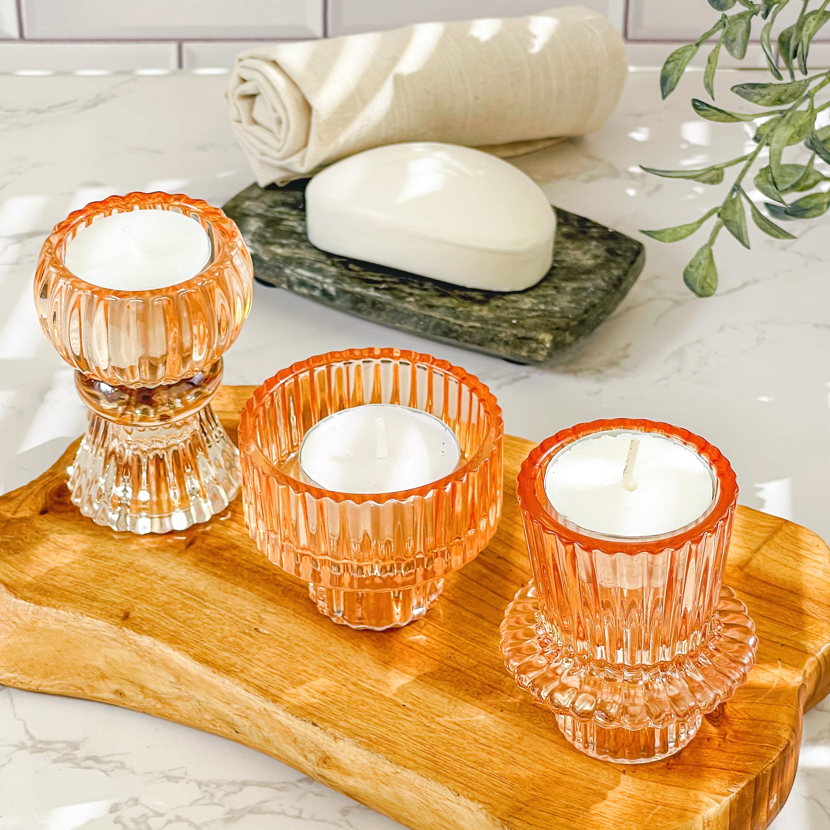 Kate Aspen® Assorted Vintage Ribbed Rose Gold Pink Glass Candlestick Candle Holder Set