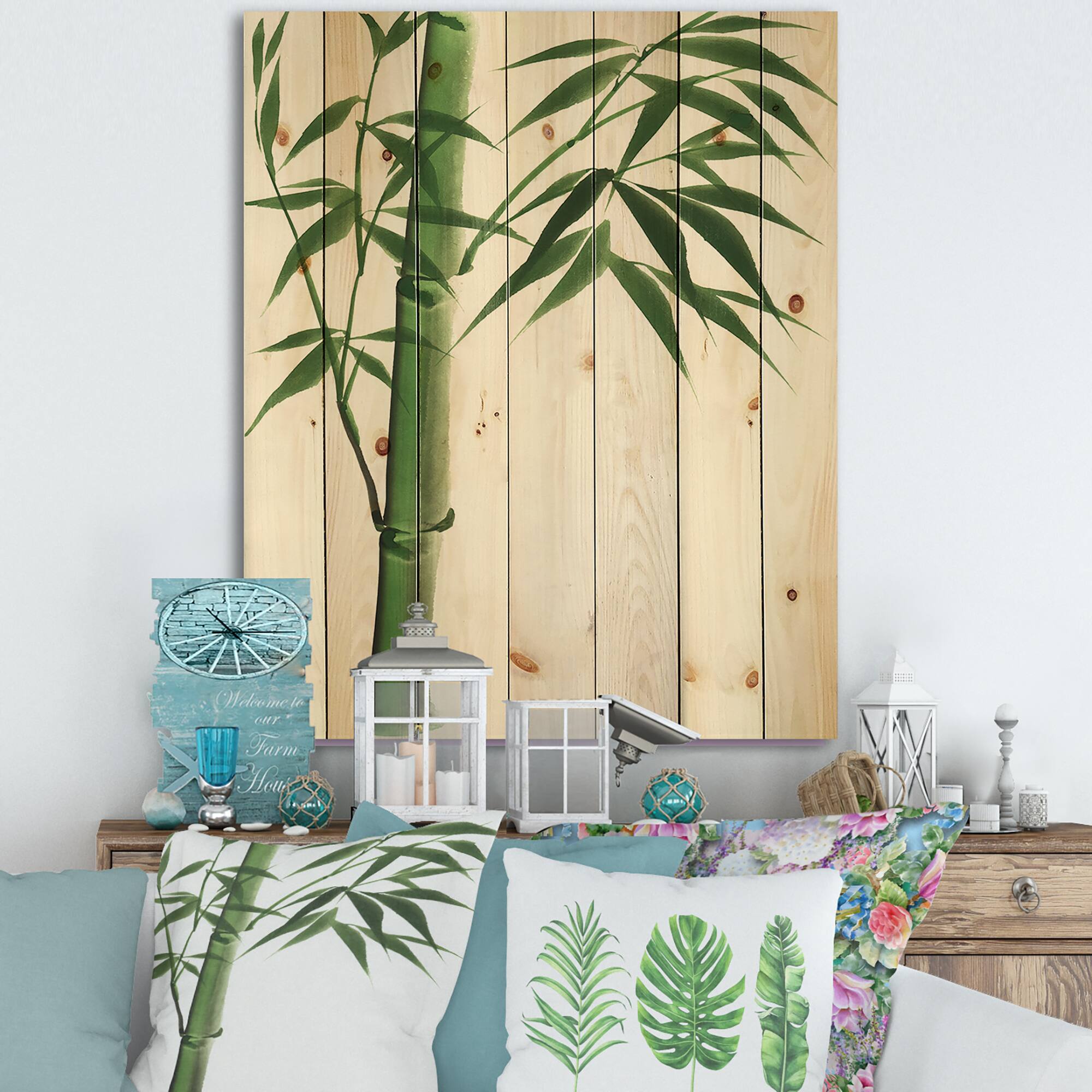 Designart - Detail Of Dark Green Bamboo III - Traditional Print on Natural Pine Wood