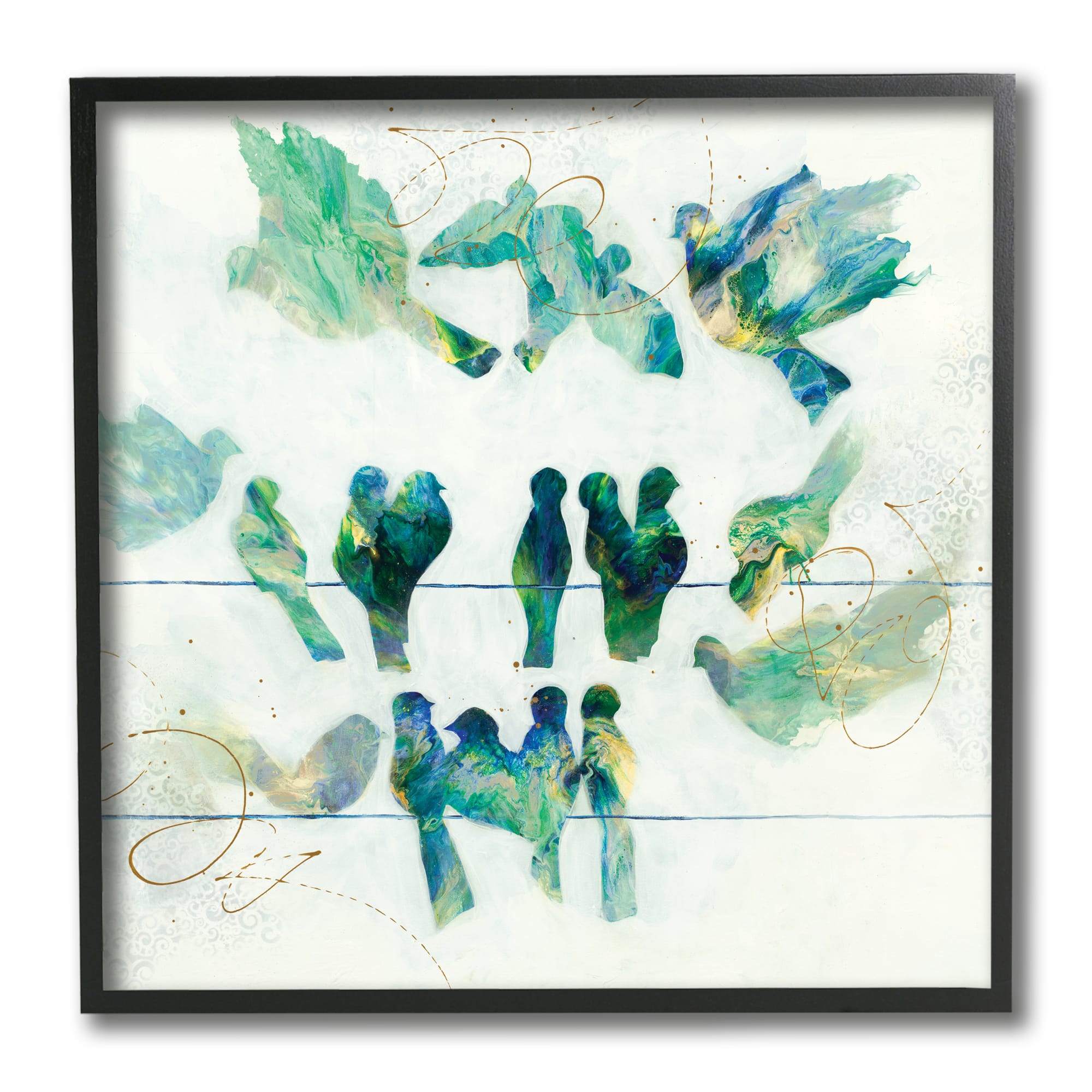 Stupell Industries Birds on Clothes Line Swirling Blue Green Pattern,12" x 12"