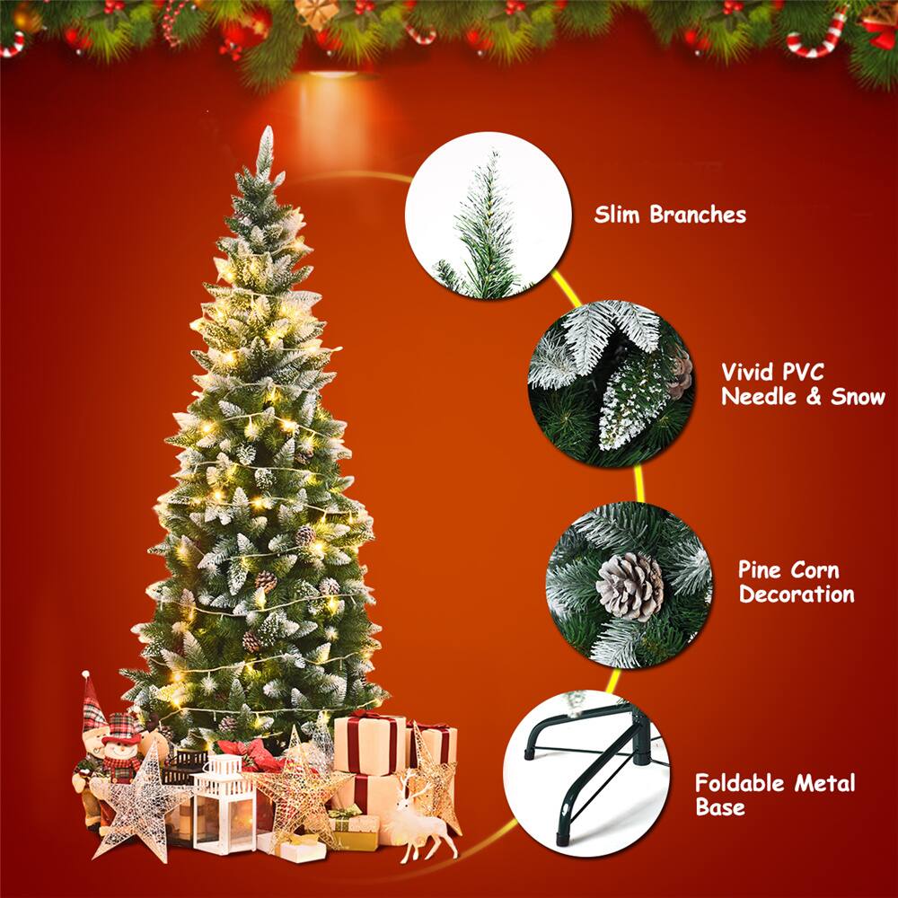Costway 7.5ft. Snow Flocked Pencil Hinged Christmas Tree with Pinecones