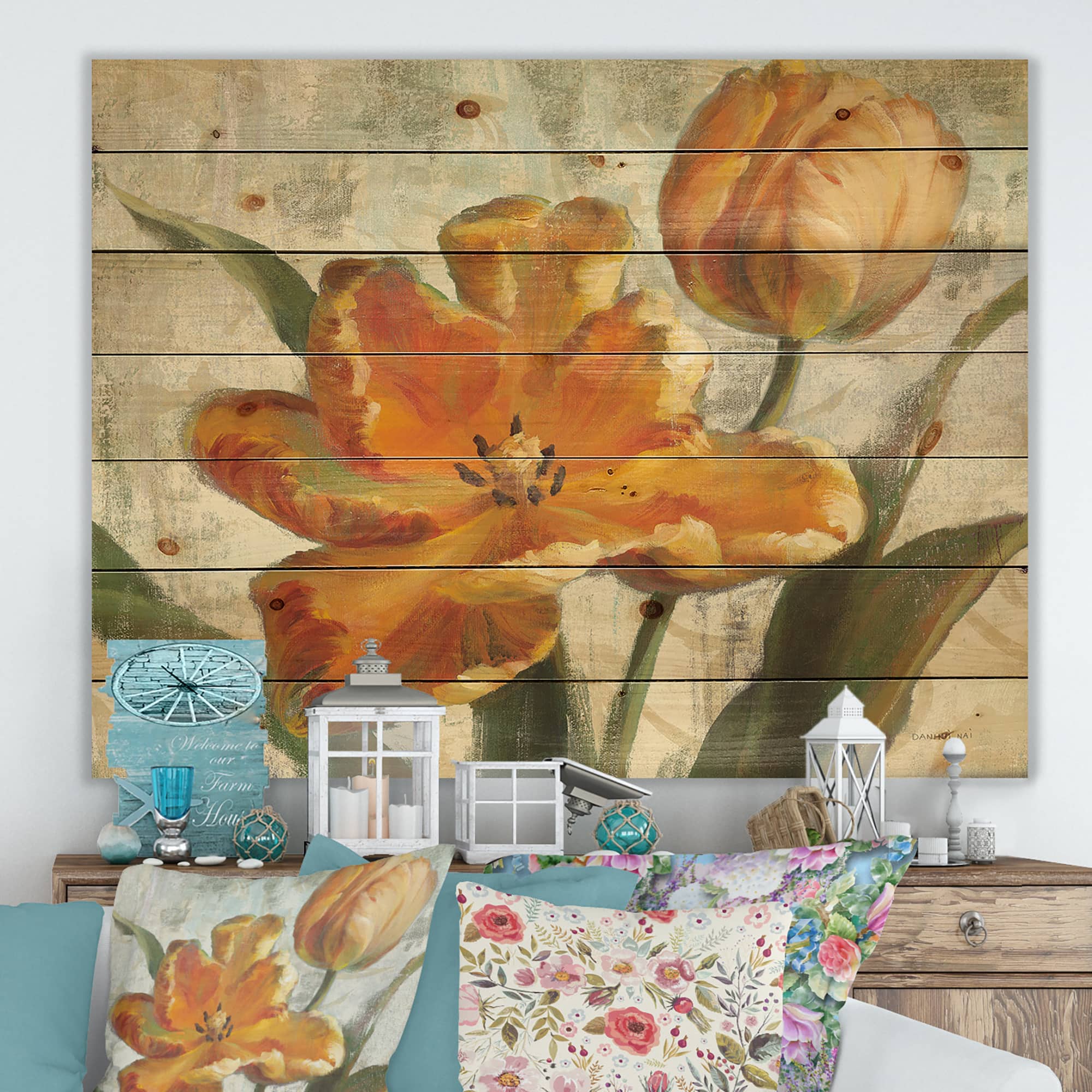 Designart - Parrot Tulips I on Ivory - Cabin & Lodge Print on Natural Pine Wood