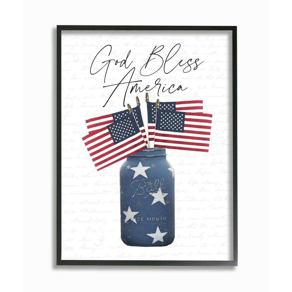 Stupell Industries Patriotic God Bless America Country Quote Jar Flags Framed Wall Art
