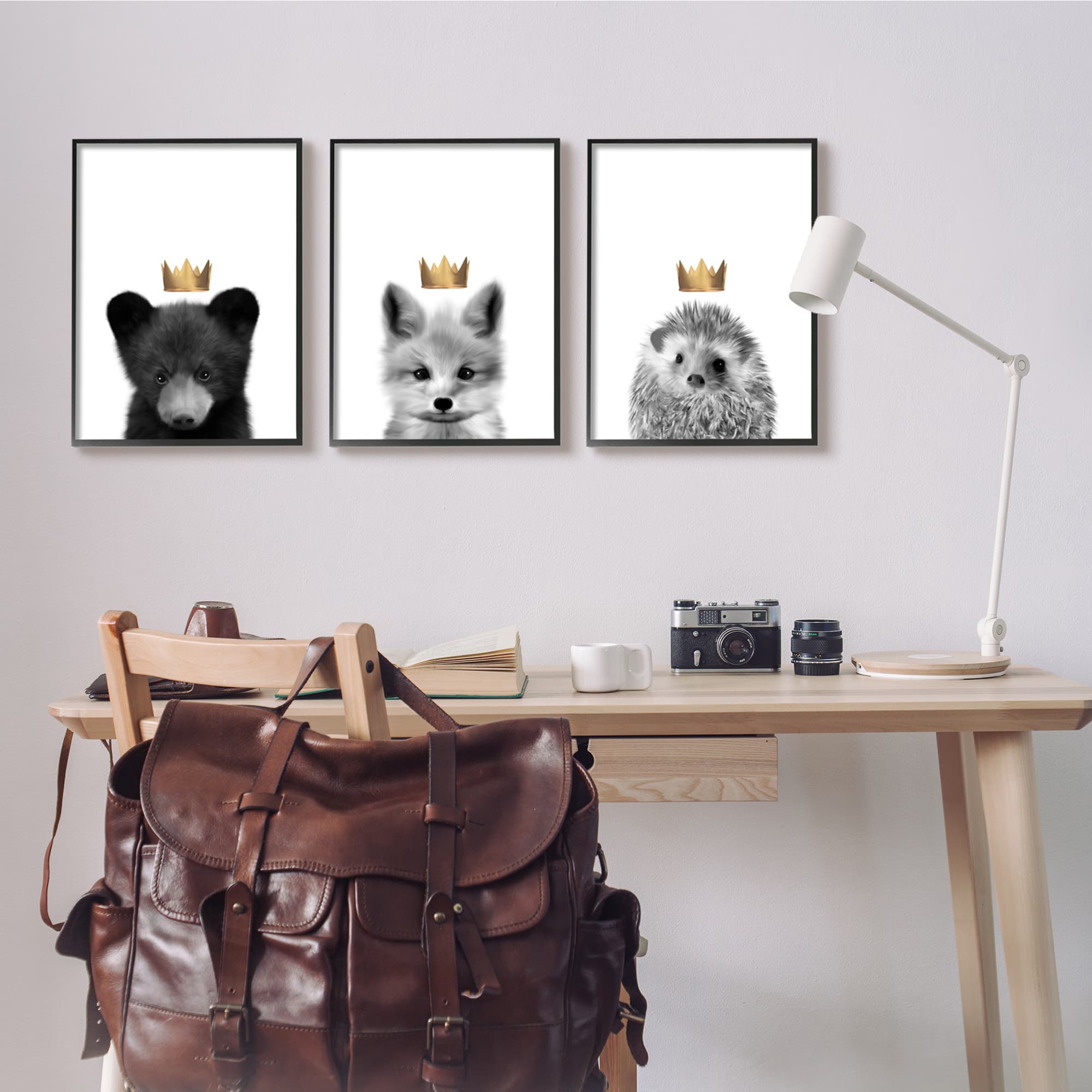 Stupell Industries Woodland Animals Bold Crowns Black Bear Fox Hedgehog Framed Wall Art