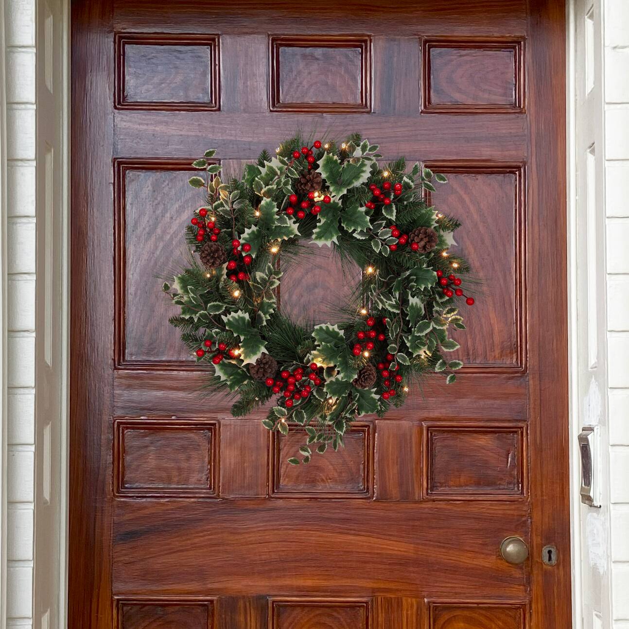 Haute Decor 24" Pre-Lit Holly, Pine & Berry Christmas Wreath, Soft White LED Lights
