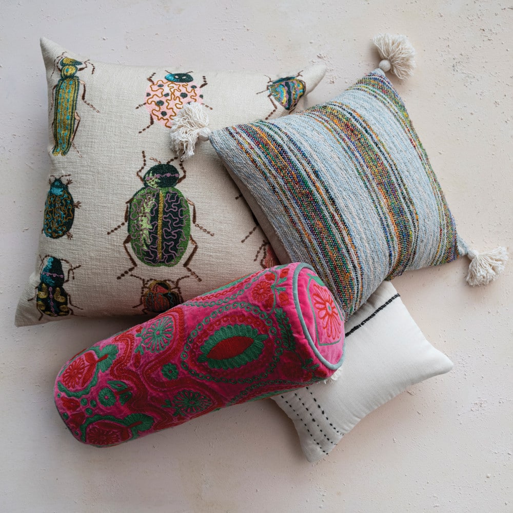 Hello Honey® Cream & Gray Embroidery Cotton Lumbar Pillow