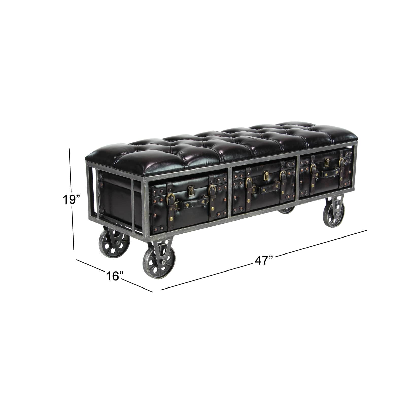 Industrial Rectangular Black Faux Leather and Wood Storage Bench, 19" x 47" x 16"