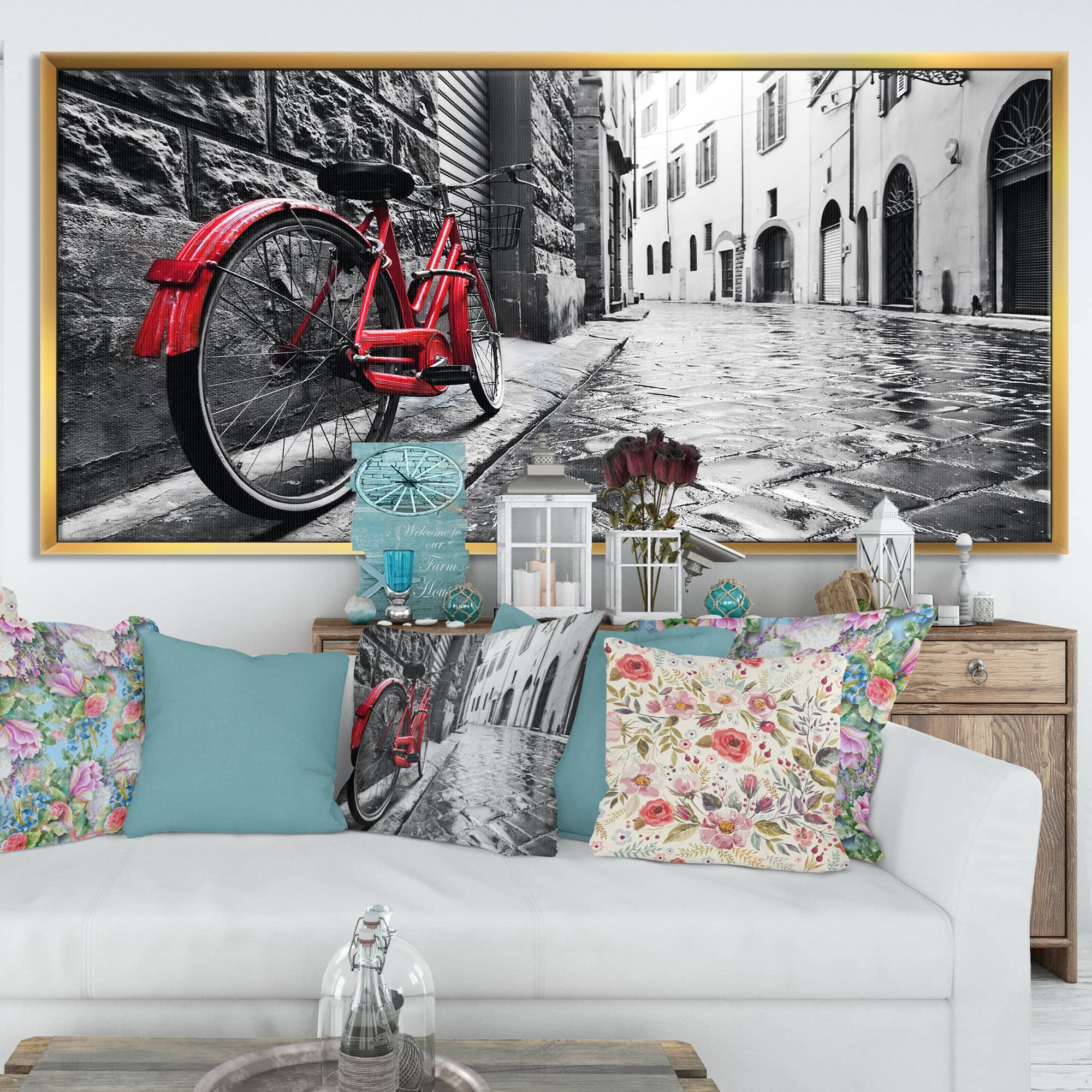 Designart - Retro Vintage Red Bike - Cityscape Photo Framed Canvas Art Print
