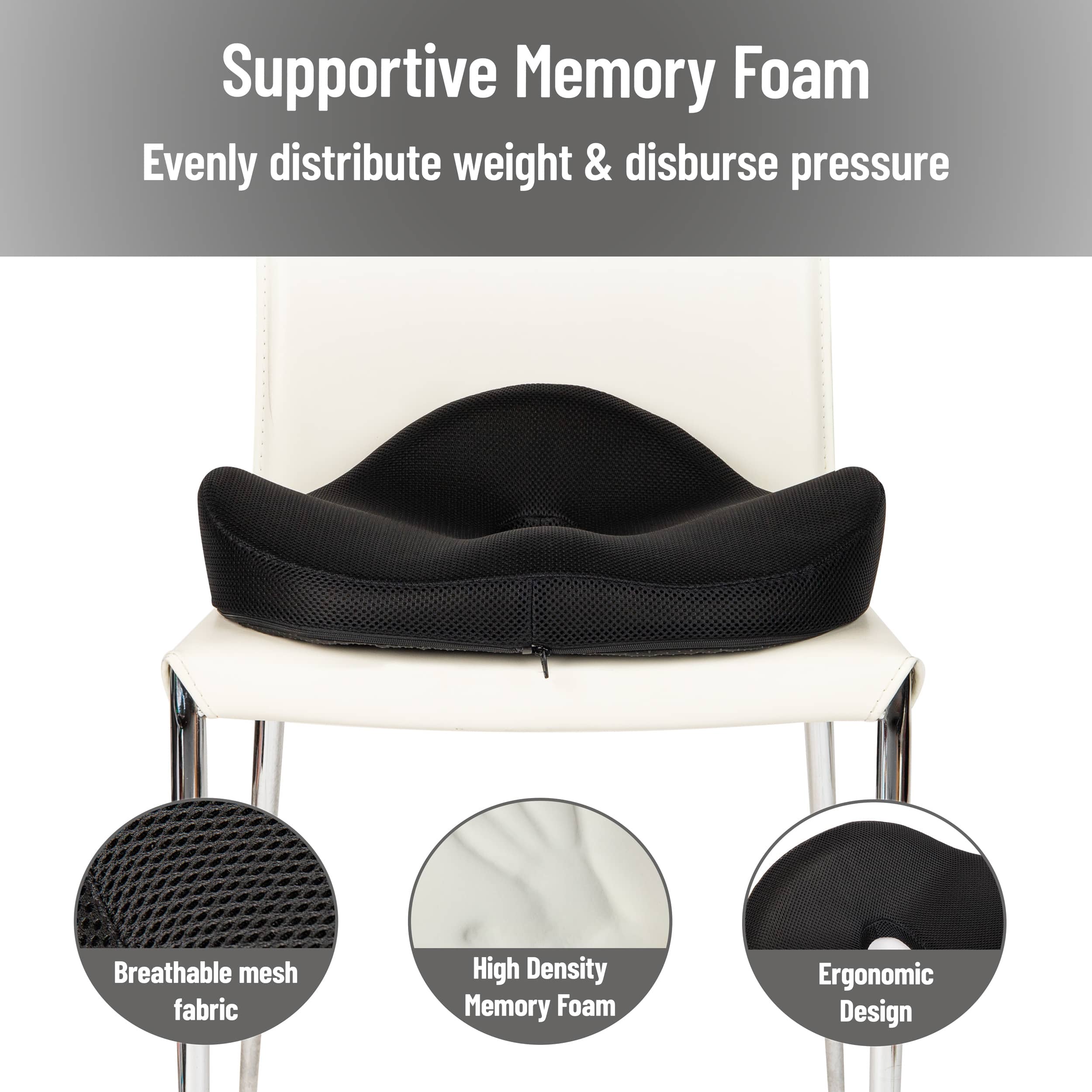 Mind Reader Donut Pillow with Air-Cloud Technology, Ergonomic Memory Foam Seat Cushion for Tailbone, Hemorrhoid, Pregnancy & Lower Back Pain Relief, Washable Cover, Black