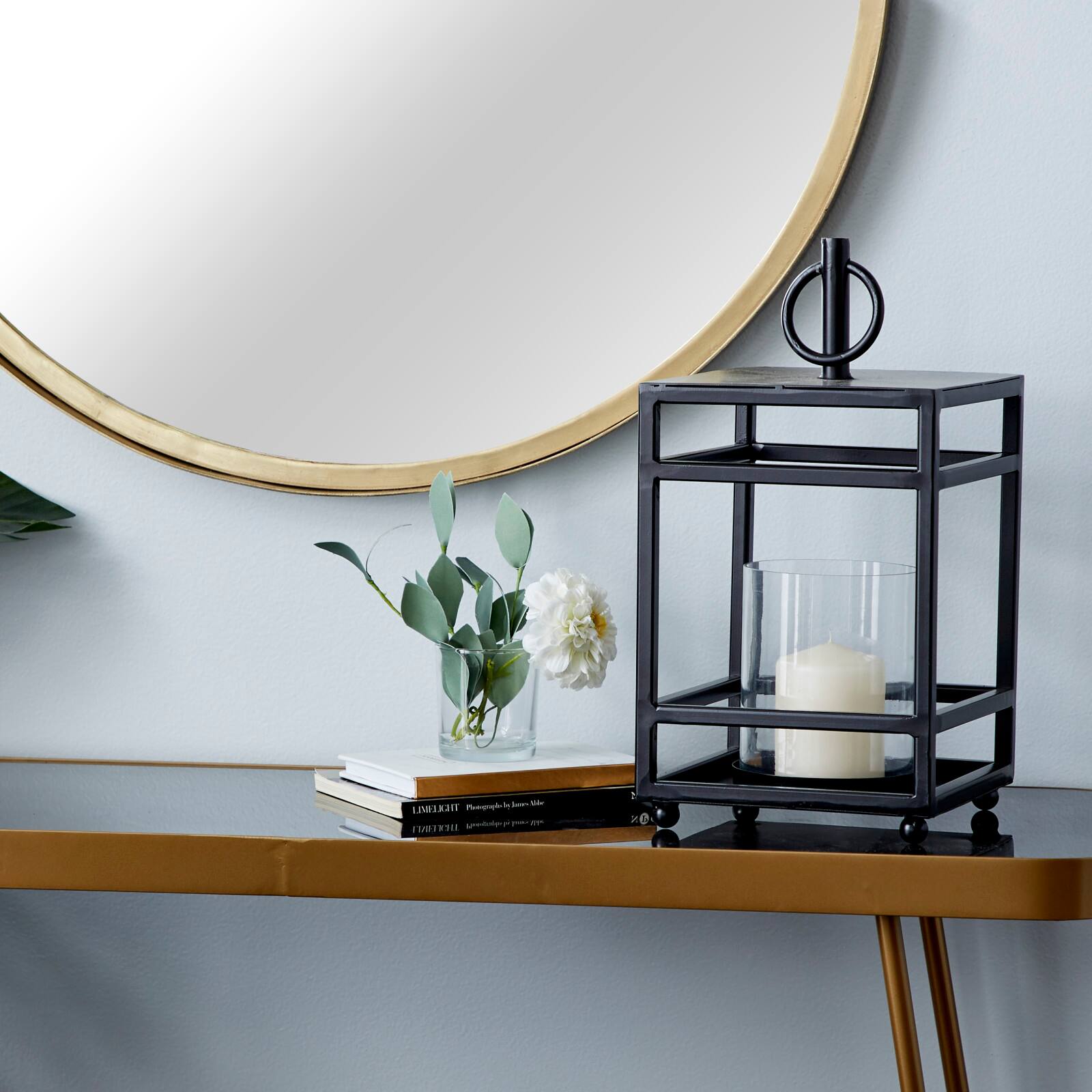 Black Iron Contemporary Candle Holder Lantern, 16" x 8" x 8"