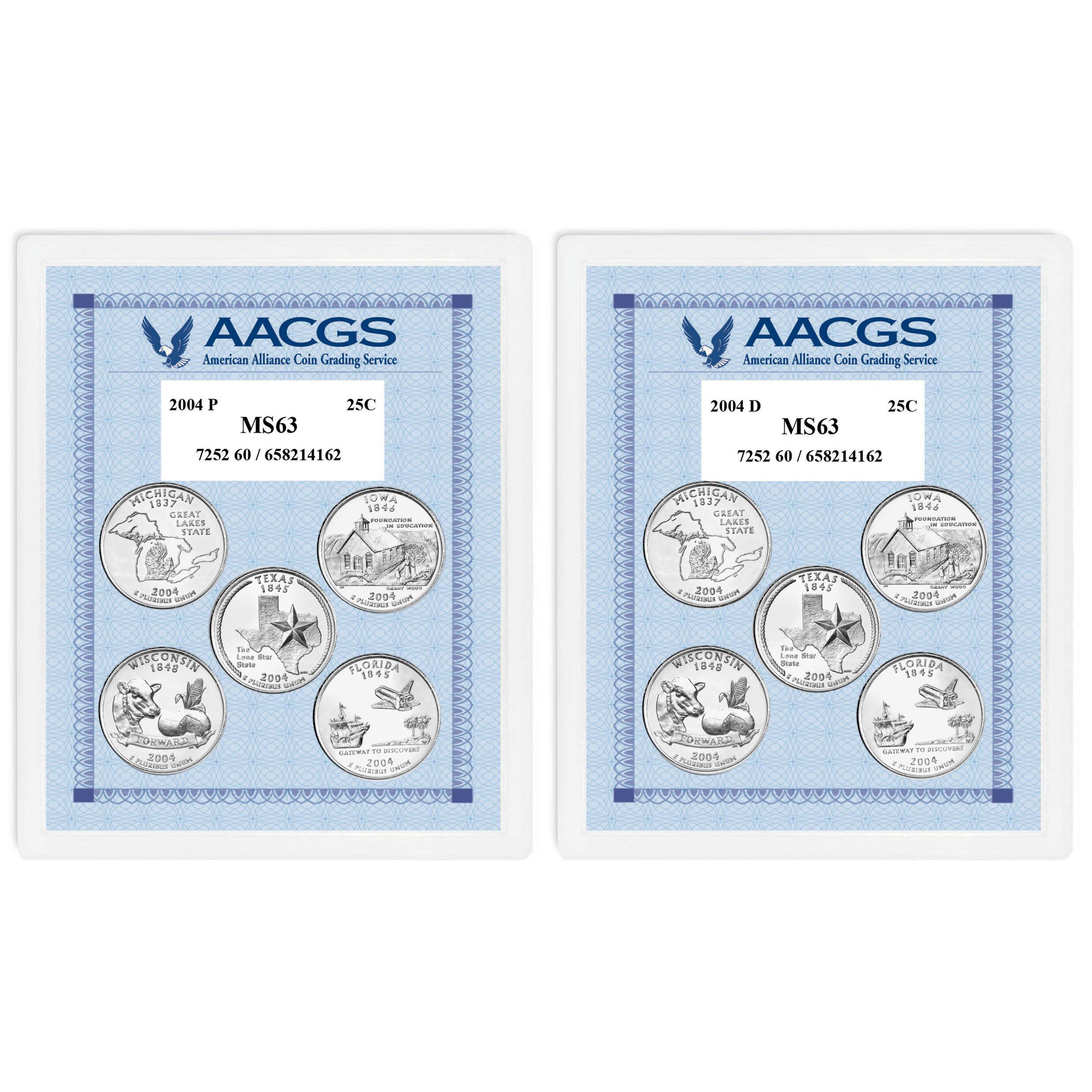 2004P & 2004D Statehood Quarters Graded MS63 Brilliant Uncirculated 