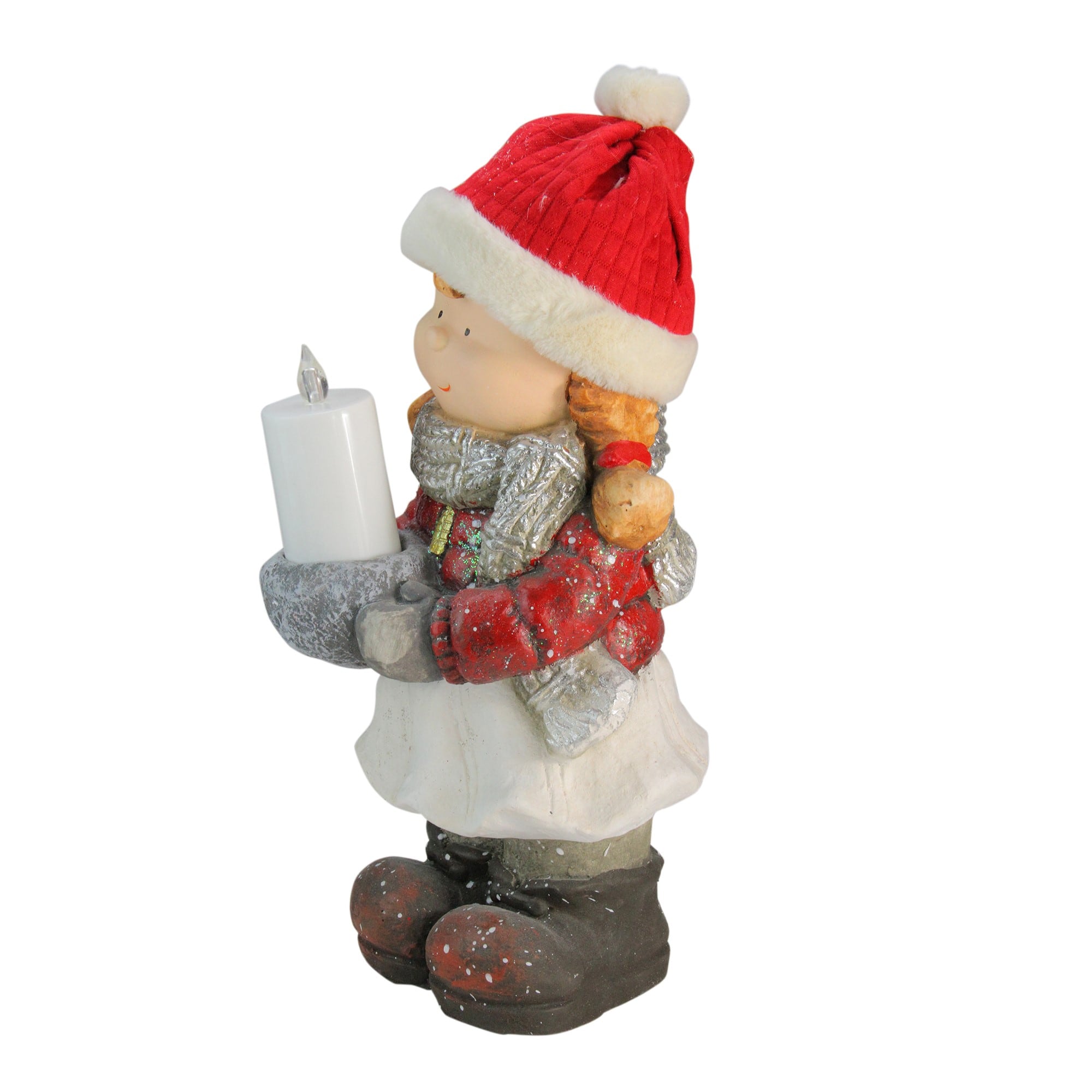 17" Standing Young Girl in Ski Hat with Candle Holder Winter Outdoor Garden Statue
