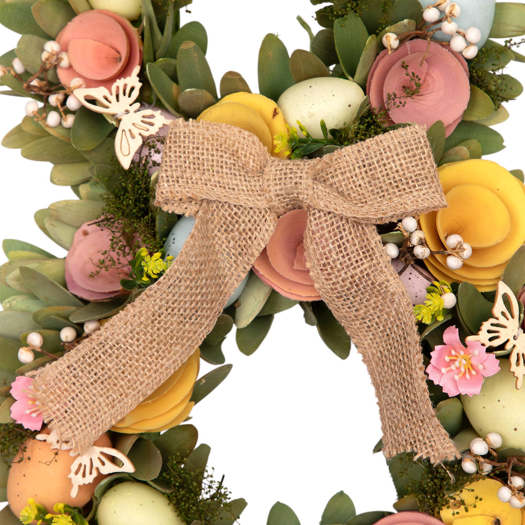 24" Shaved Wood Flowers Bunny Rabbit Silhouette Easter Wreath
