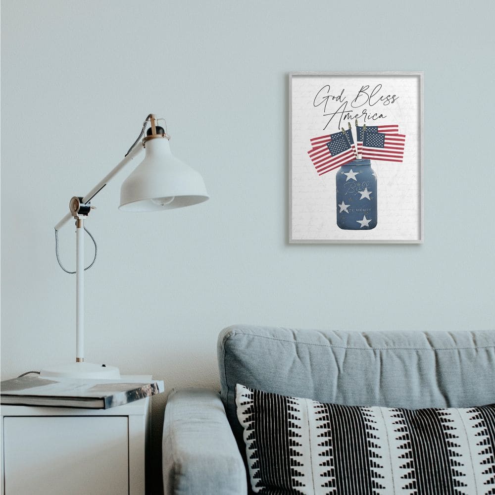 Stupell Industries Patriotic God Bless America Country Quote Jar Flags Framed Wall Art