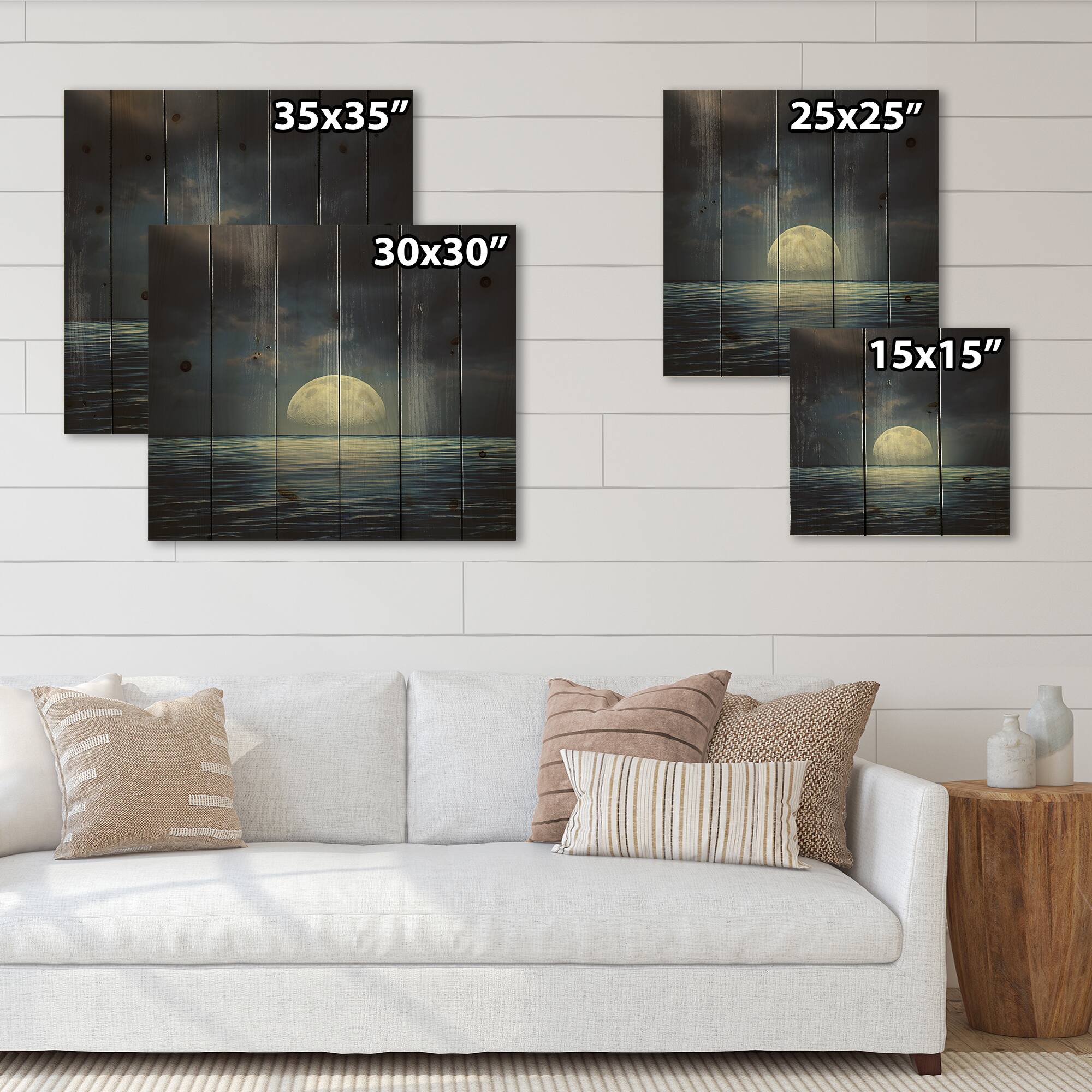 Designart - Super Moon Over The Sea II - Nautical & Coastal Print on Natural Pine Wood
