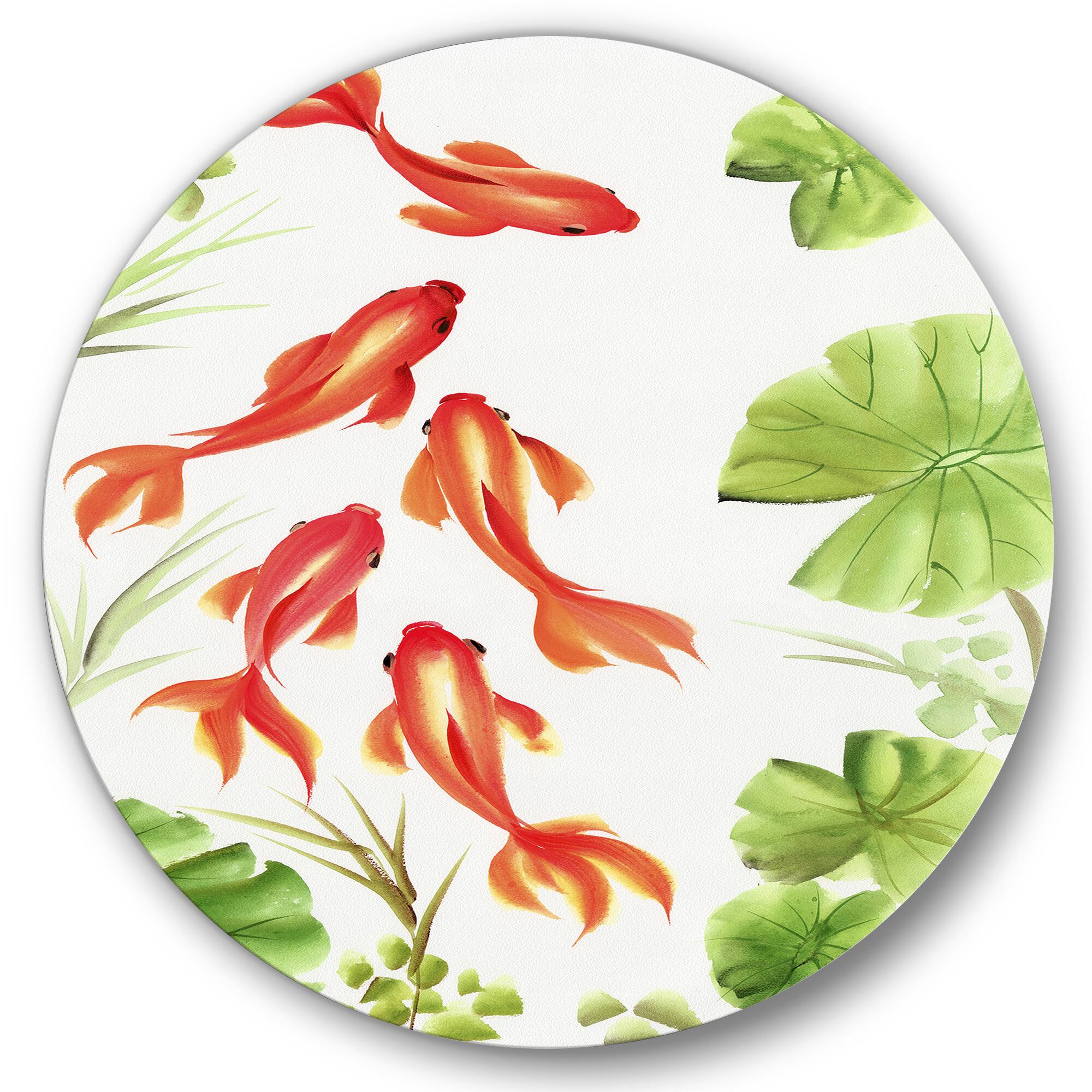 Designart - Vintage Goldfishes Among The Lotus Leaves - Nautical & Coastal Metal Circle Wall Art
