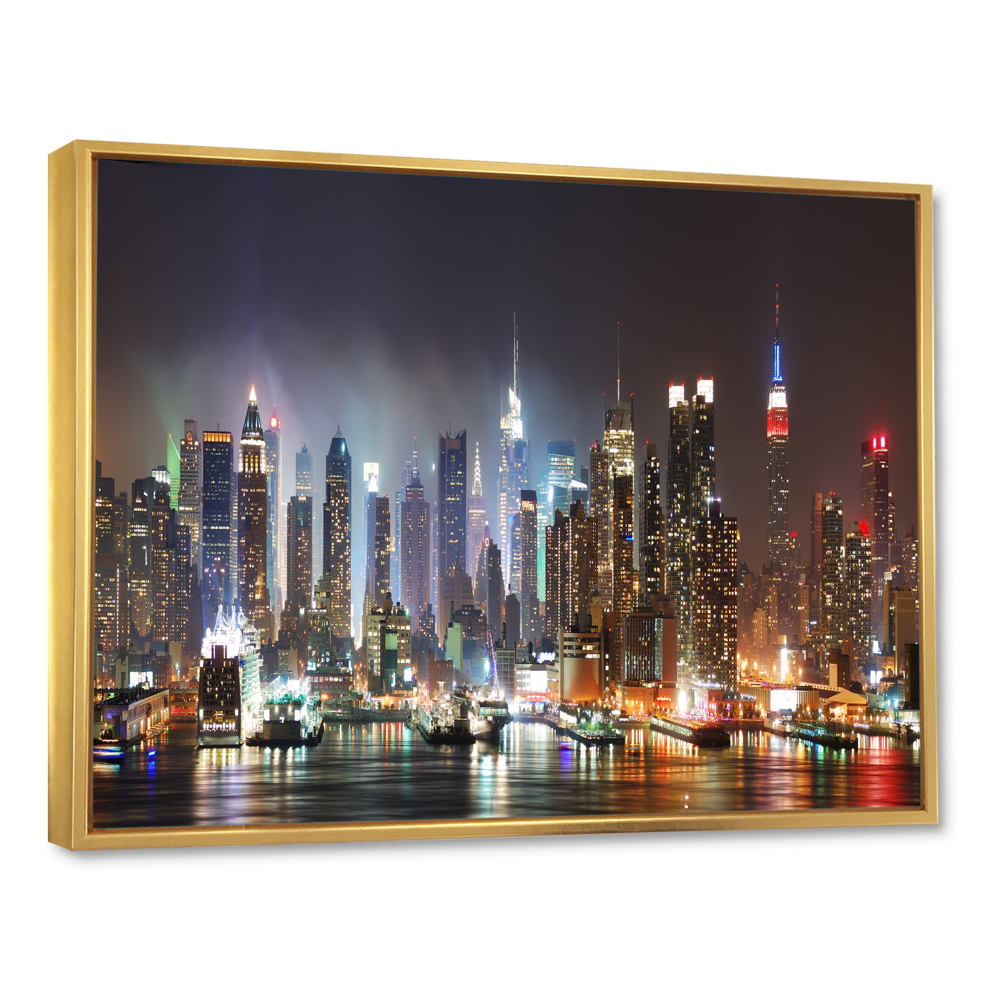 Designart - Lit NYC Manhattan Skyline - Cityscape Photo Framed Canvas Print