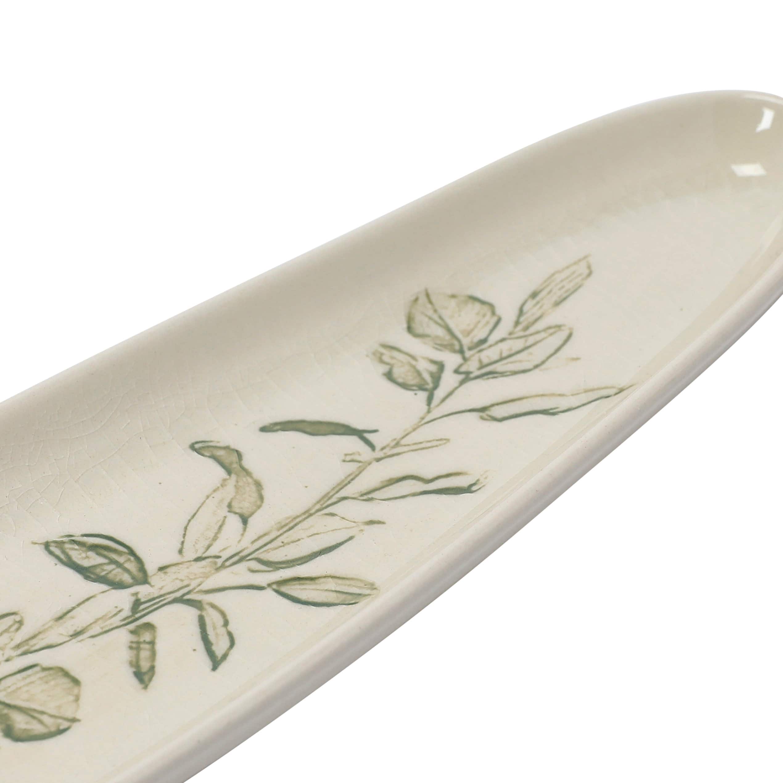 Hello Honey® Cream & Green Reactive Crackle Glaze Oval Debossed Stoneware Tray Set
