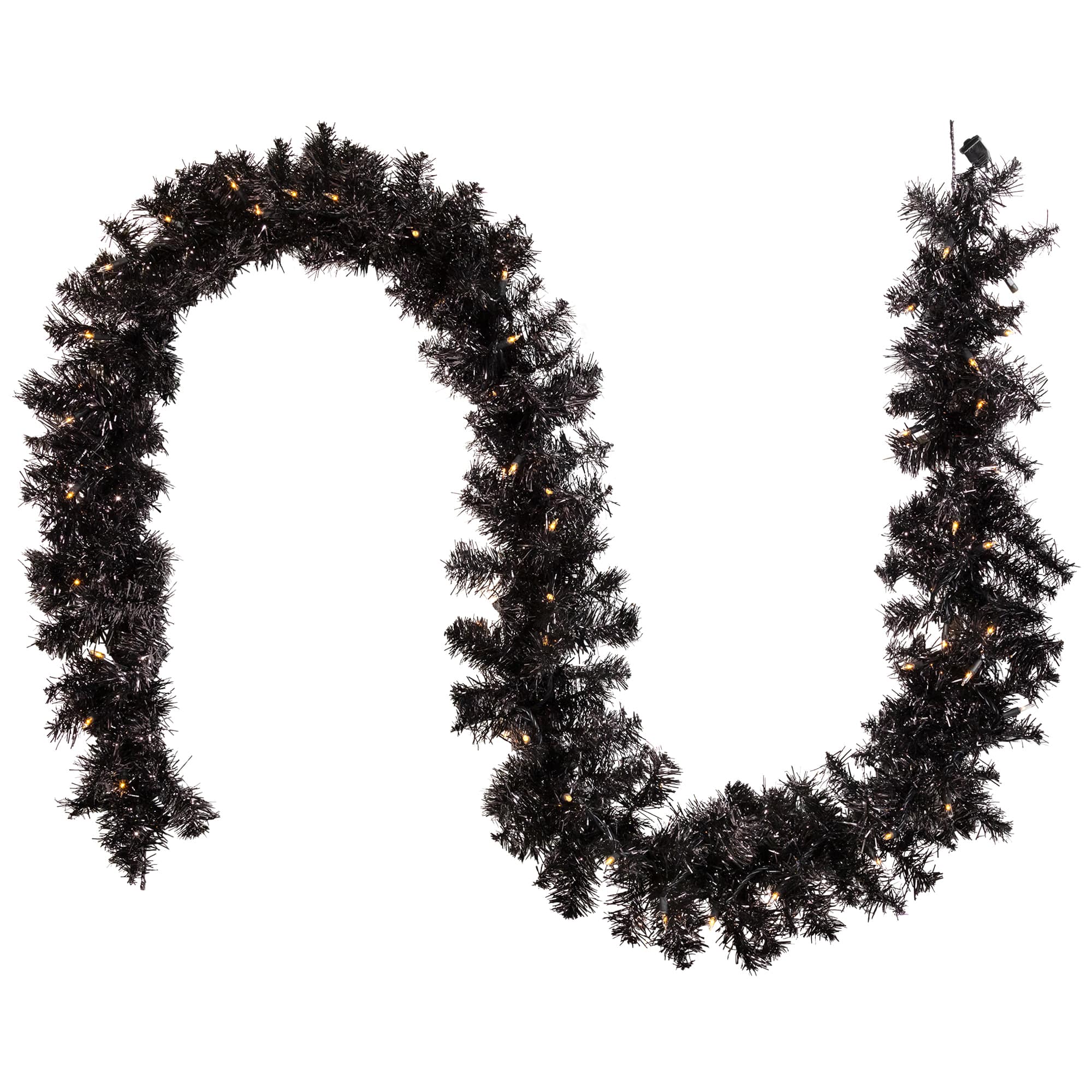 9ft. Pre-Lit Black Tinsel Garland, Clear Lights