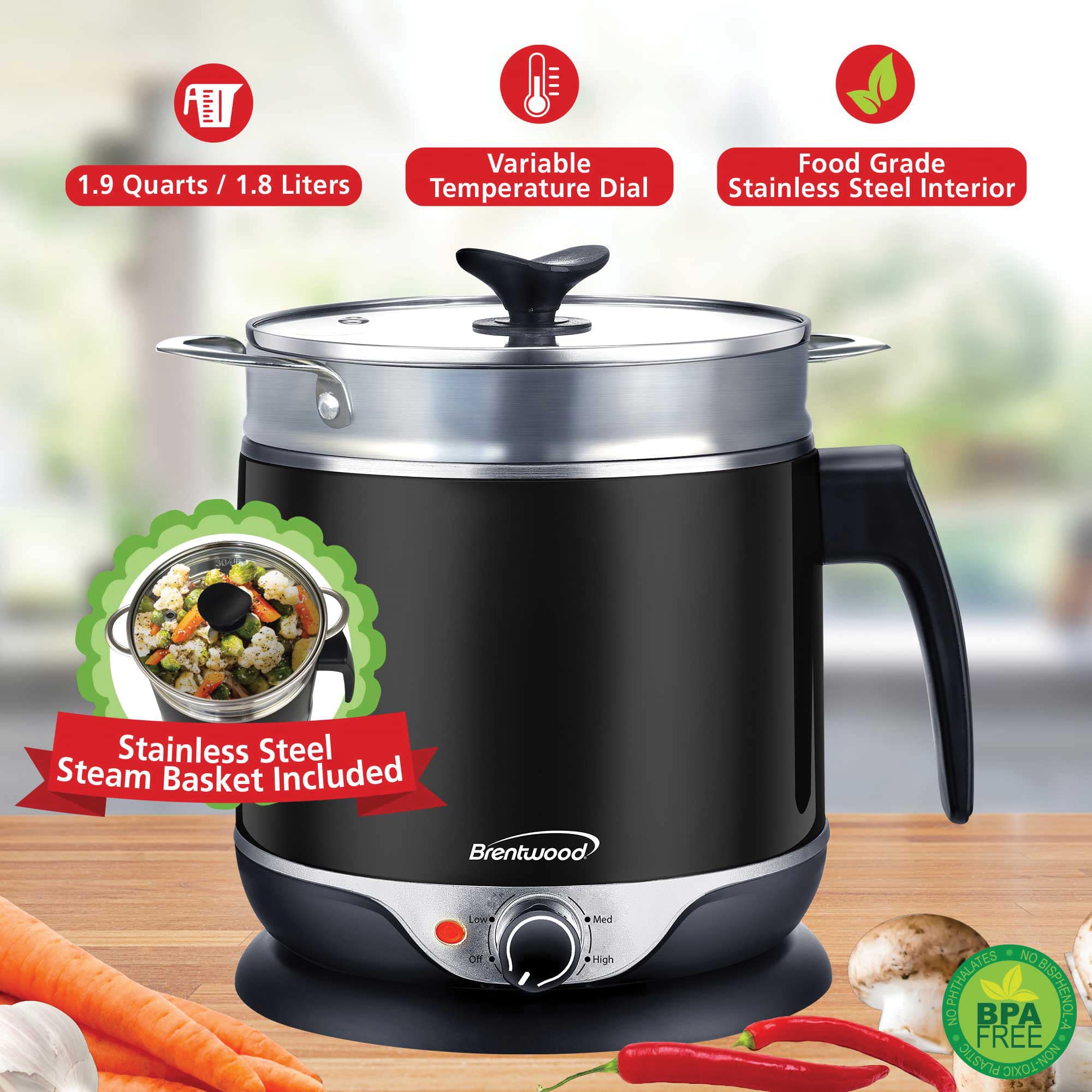 Brentwood 1.9qt. 600-Watt Stainless Steel Cordless Electric Hot Pot Cooker & Food Steamer With Swivel Base
