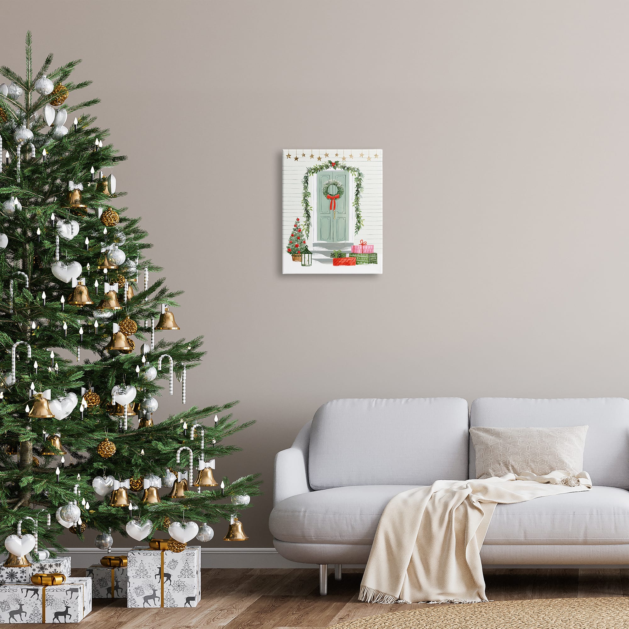 Stupell Industries Christmas Presents Wreath Doorstep Canvas Wall Art