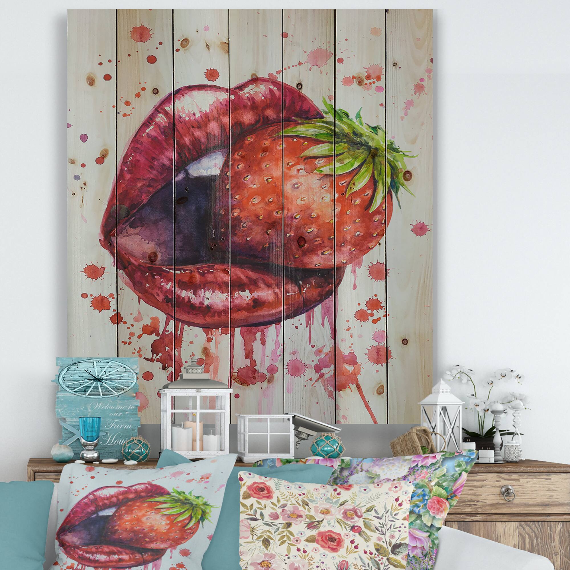 Designart - Red Woman Lips Eating A Strawberry - Modern Print on Natural Pine Wood