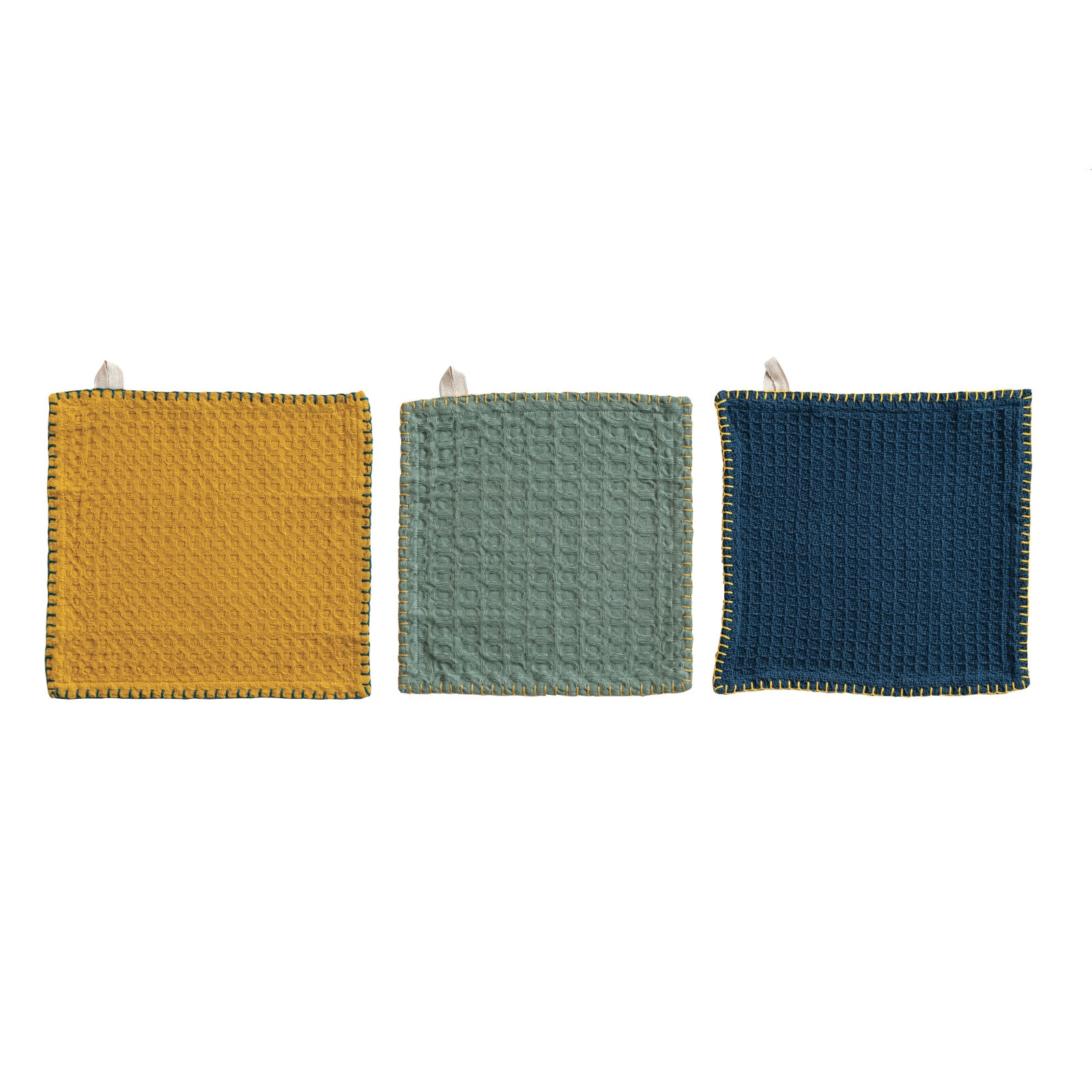 Hello Honey® Multicolor Cotton Waffle Weave Dishcloths on a Mango Wood Board
