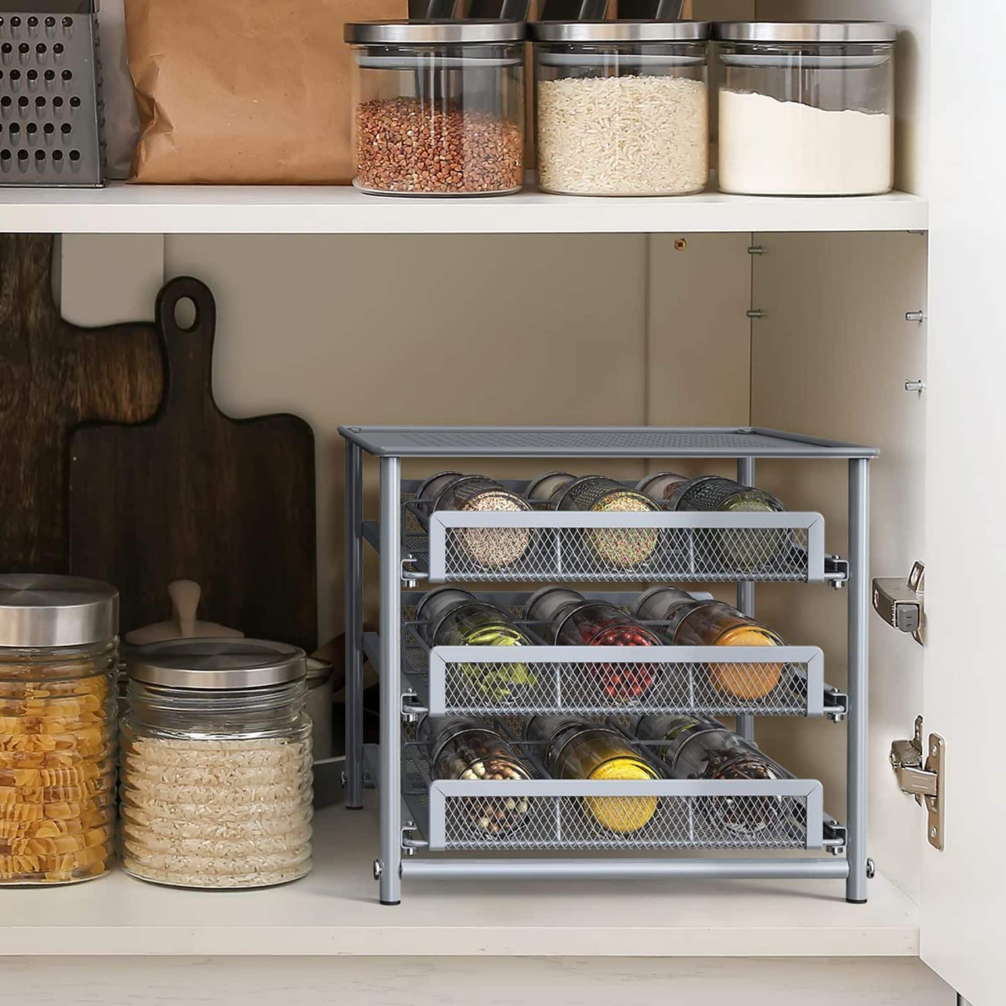 NEX™ 3-Tier 18-Bottle Metal Spice Rack with Drawer Organizer