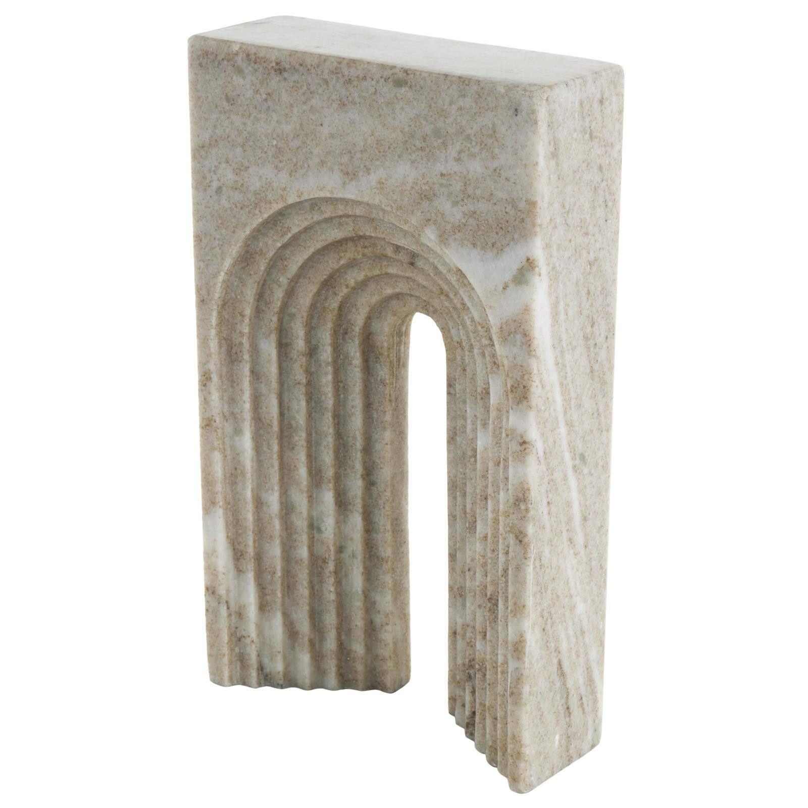 10.75" White & Beige Marble Geometric Rectangular Sculpture with Arched Groove Interior