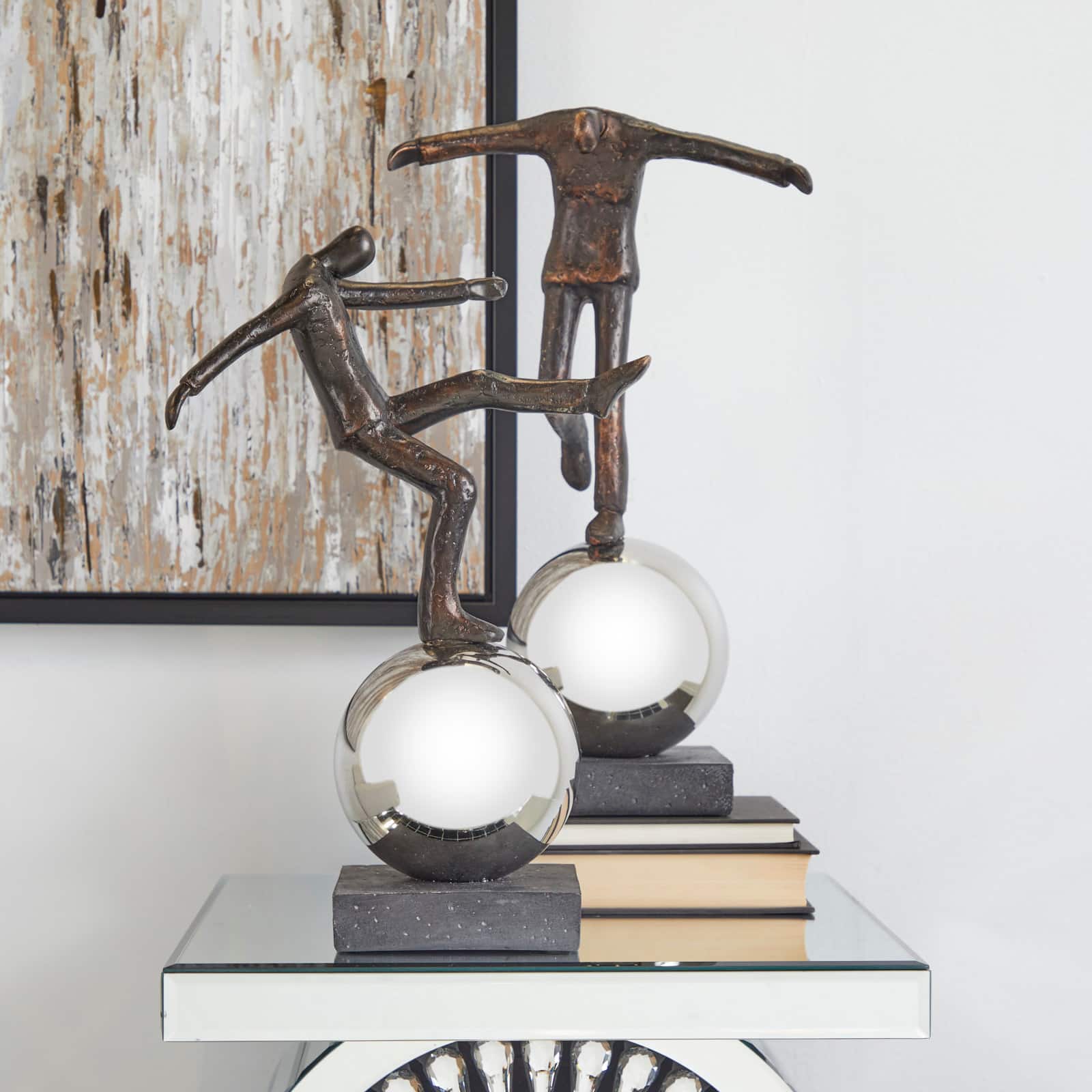 Bronze Polystone People Sculpture with Silver Ball Stands Set