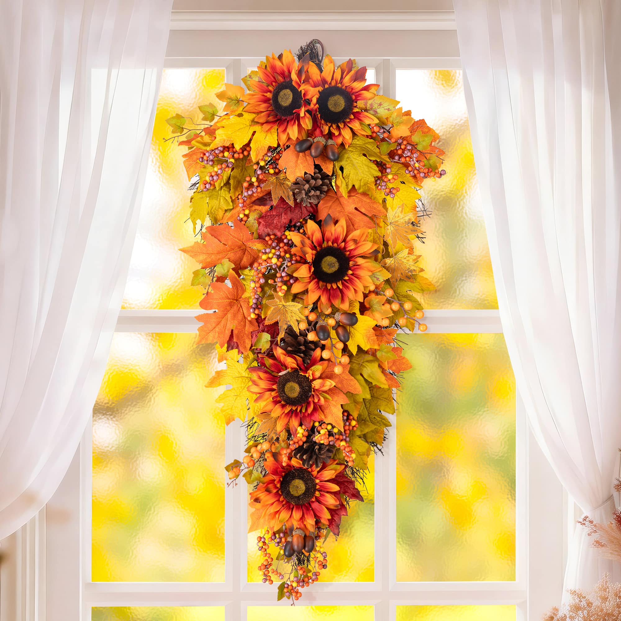 Glitzhome® 38" Oversized Fall Sunflower Teardrop Swag