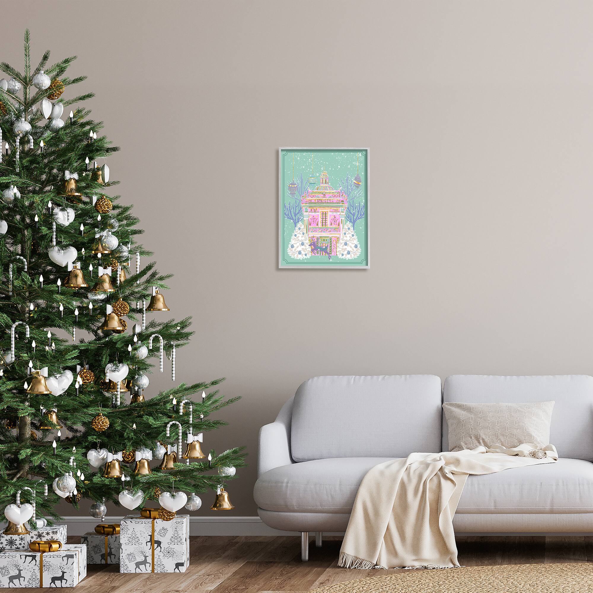 Stupell Industries Pink Ornate Christmas Building Framed Giclee Art
