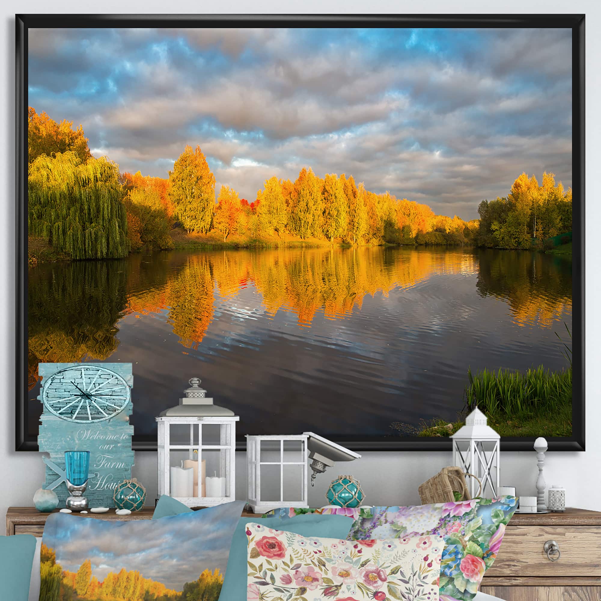 Designart - Autumn Sunset Reflection On Lake In The Park - Traditional Canvas Wall Art Print in Black Frame