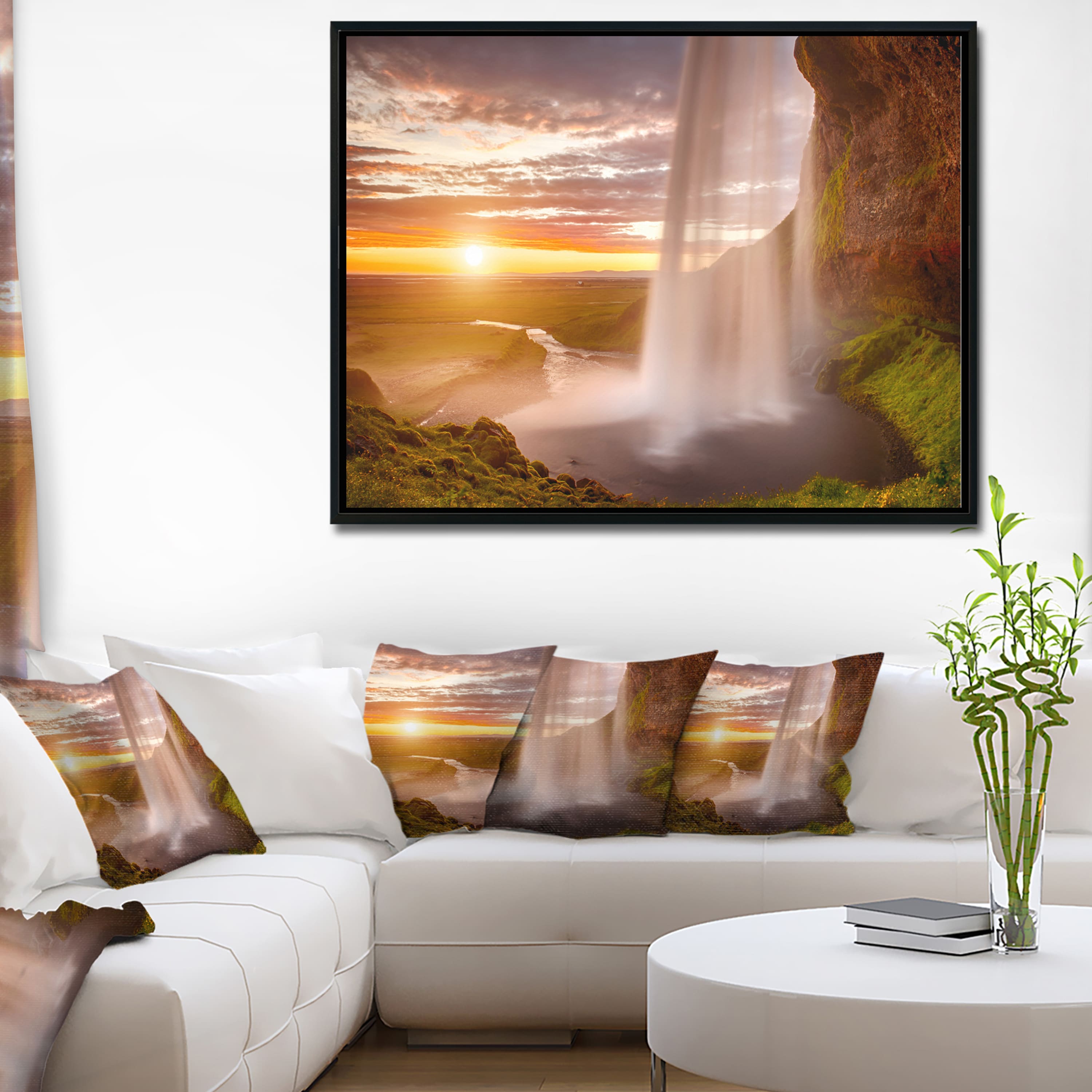 Designart - Seljalandsfoss Waterfall at Sunset - Landscape Photography Framed Canvas Print