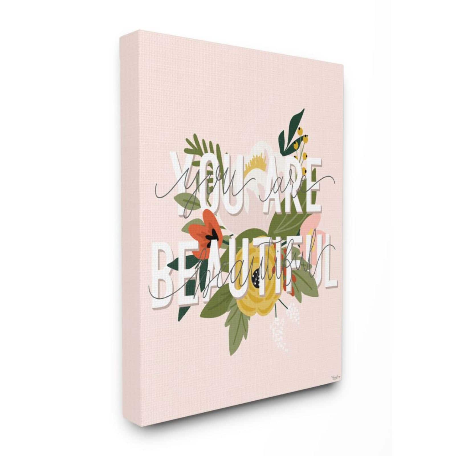 Stupell Industries You Are Beautiful Pink Flower Inspirational Word Design Canvas Wall Art