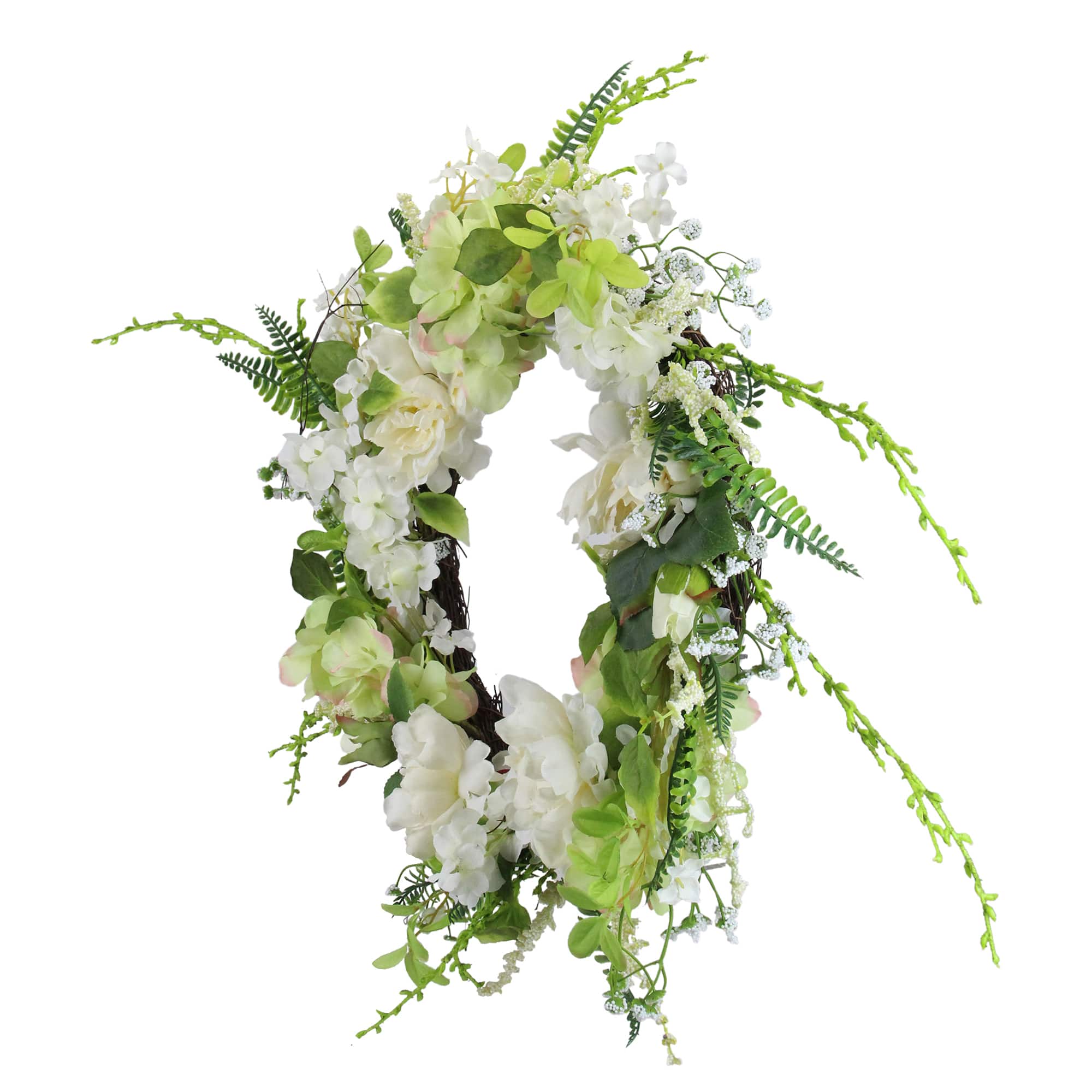 24" White & Green Peony & Rose Artificial Floral Spring Wreath