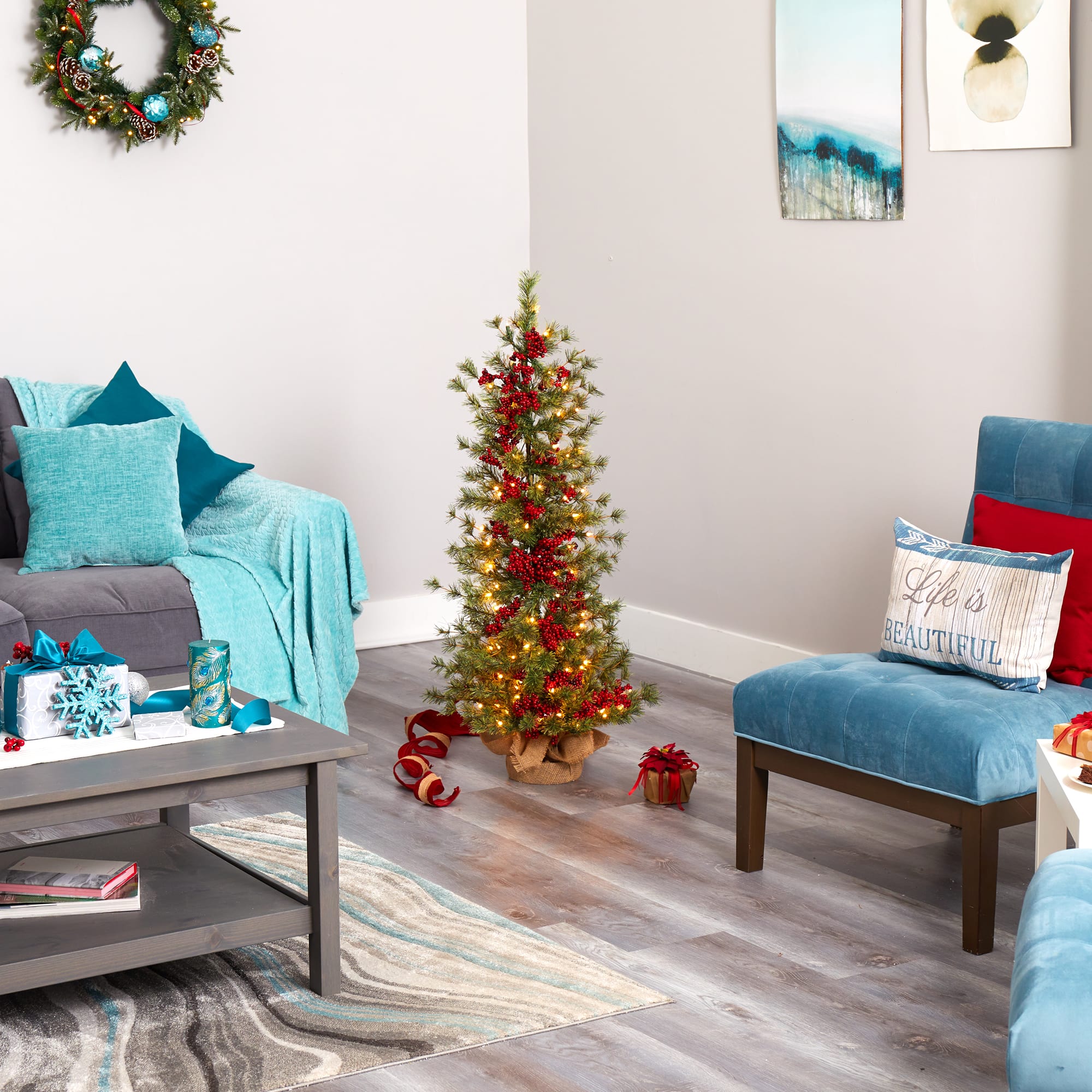 4ft. Pre-Lit Berry & Pine Artificial Christmas Tree, Warm White Lights