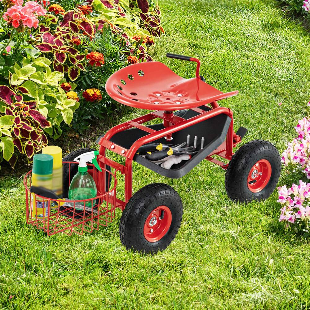 Costway Garden Cart Rolling Work Seat Wagon Scooter for Planting with Extendable Handle
