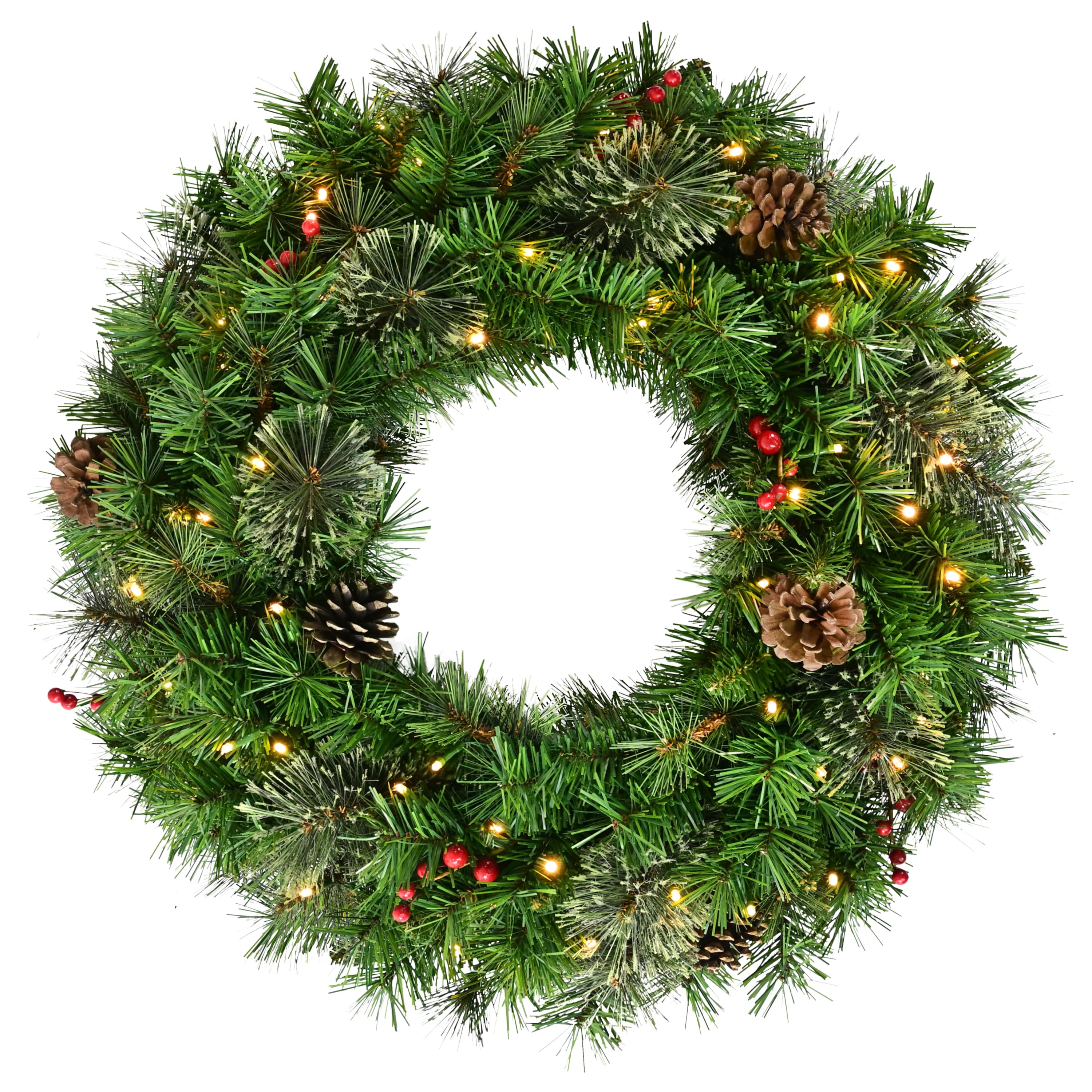 Puleo International 24" Pre-Lit Pine with Pinecones & Red Berries Artificial Wreath