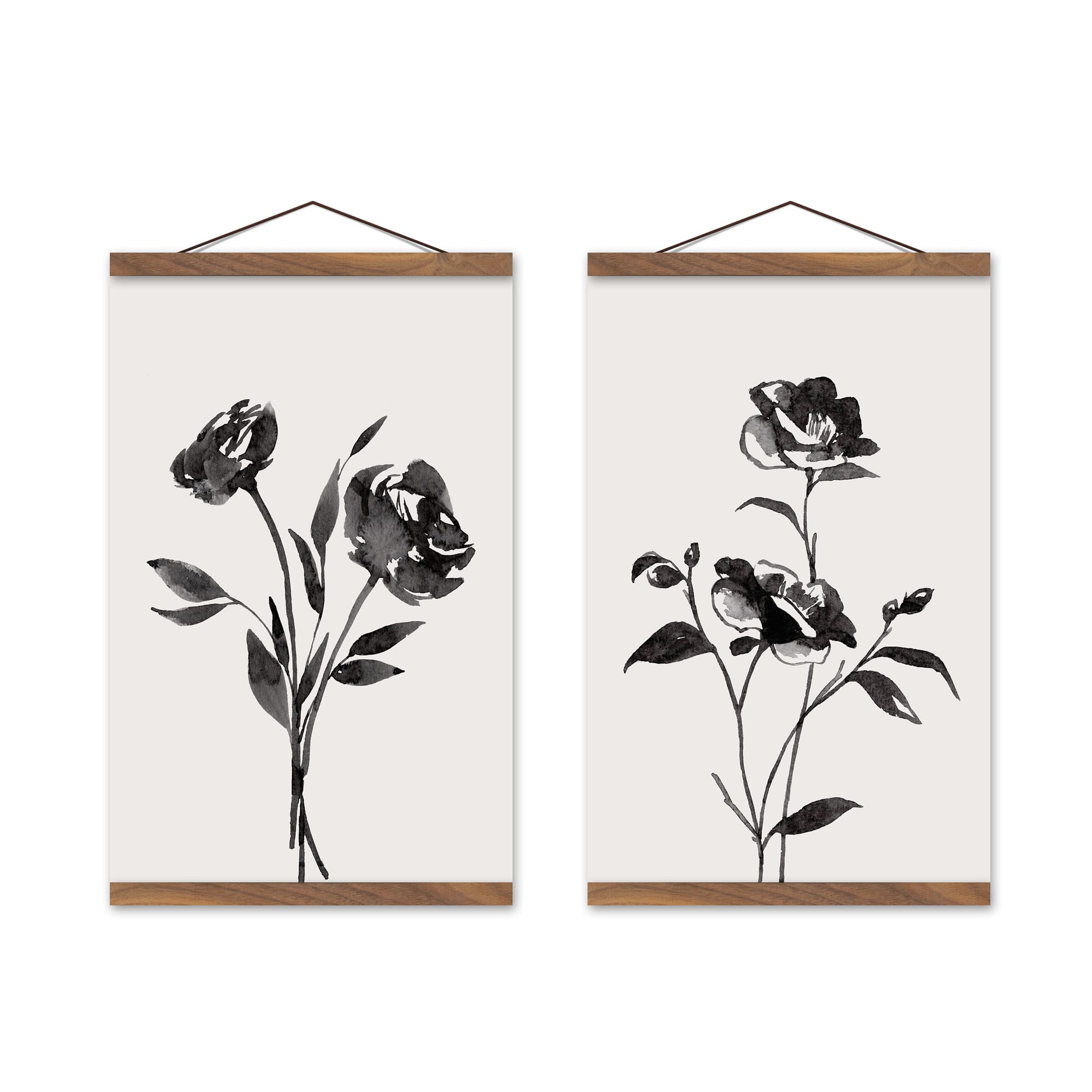 Inky Budded Roses 12" x 18" Teak Hanging Canvas - Set of 2