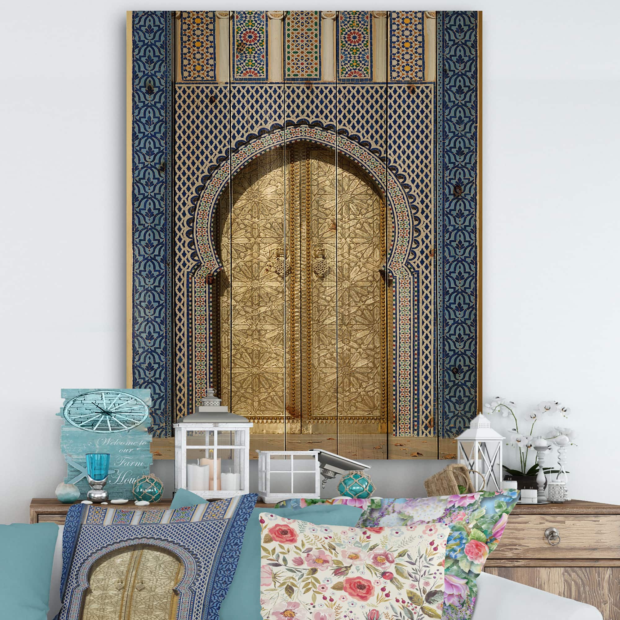 Designart - Morroco Palace Golden Doors - Vintage Print on Natural Pine Wood