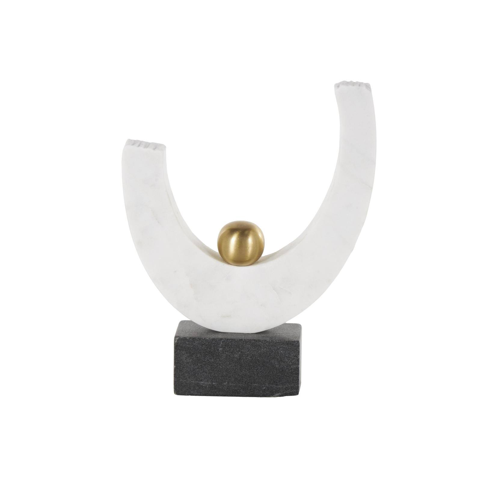 10.25" White Abstract Curved Semicircle Marble & Metal Sculpture with Gold Orb Accent