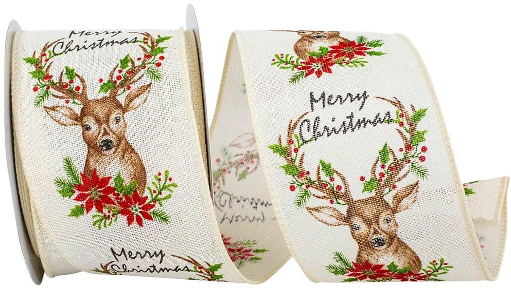 JAM Paper 2.5" x 10yd. Ivory Deer Sincere Merry Christmas Linen Wired Edge Ribbon