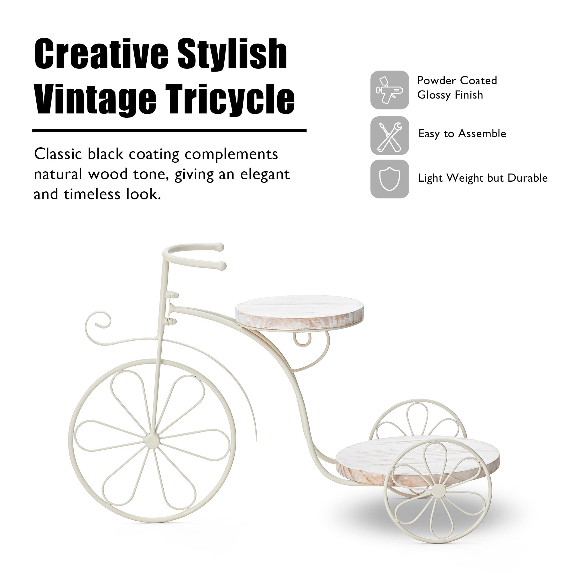 Glitzhome® 24" White Metal Tricycle Planter Stand with Solid Wood Tray